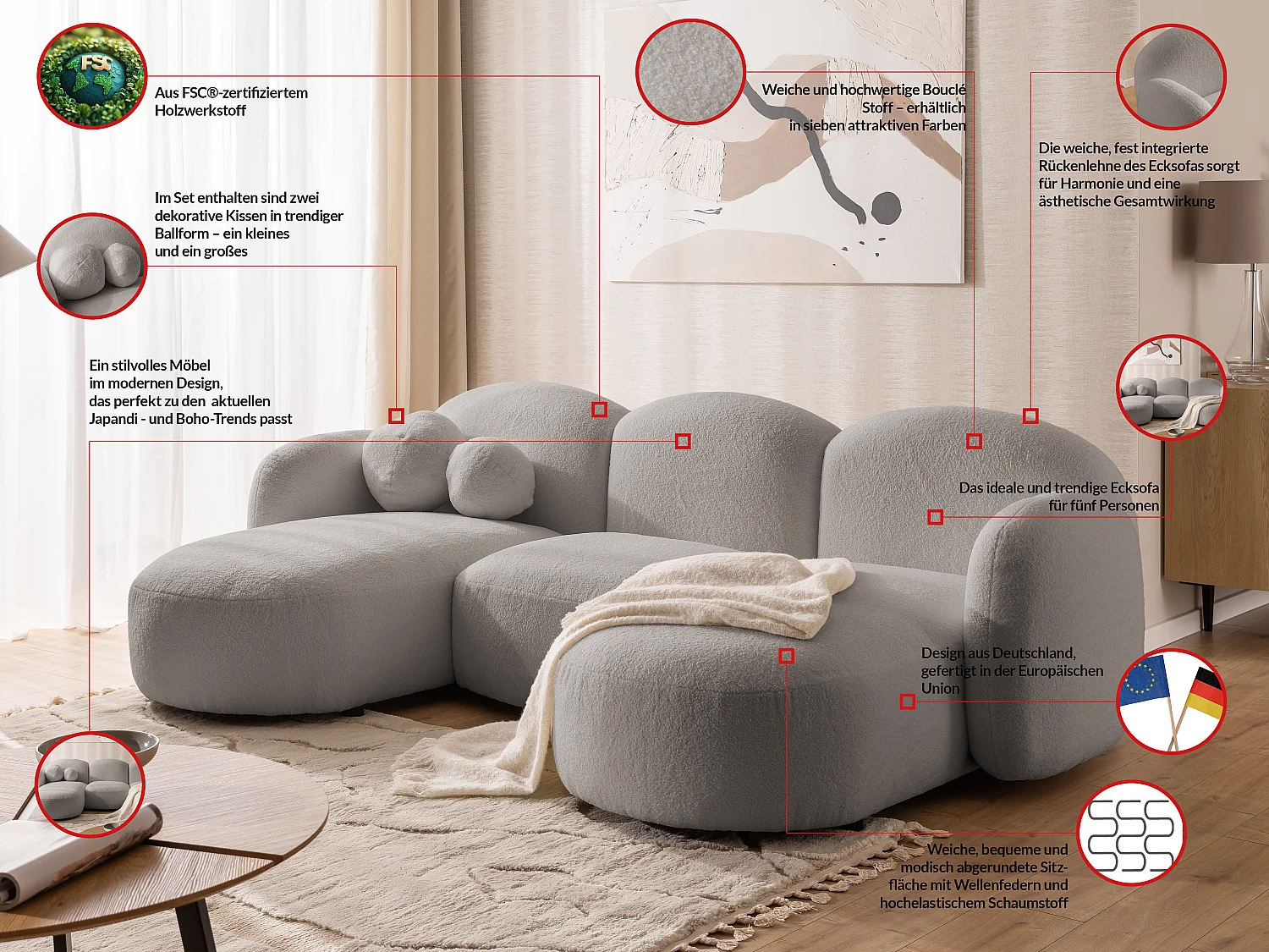 Nuvola - Moderne Wohnlandschaft aus Hellgrau Bouclé mit abgerundetem Design und hohem Sitzkomfort