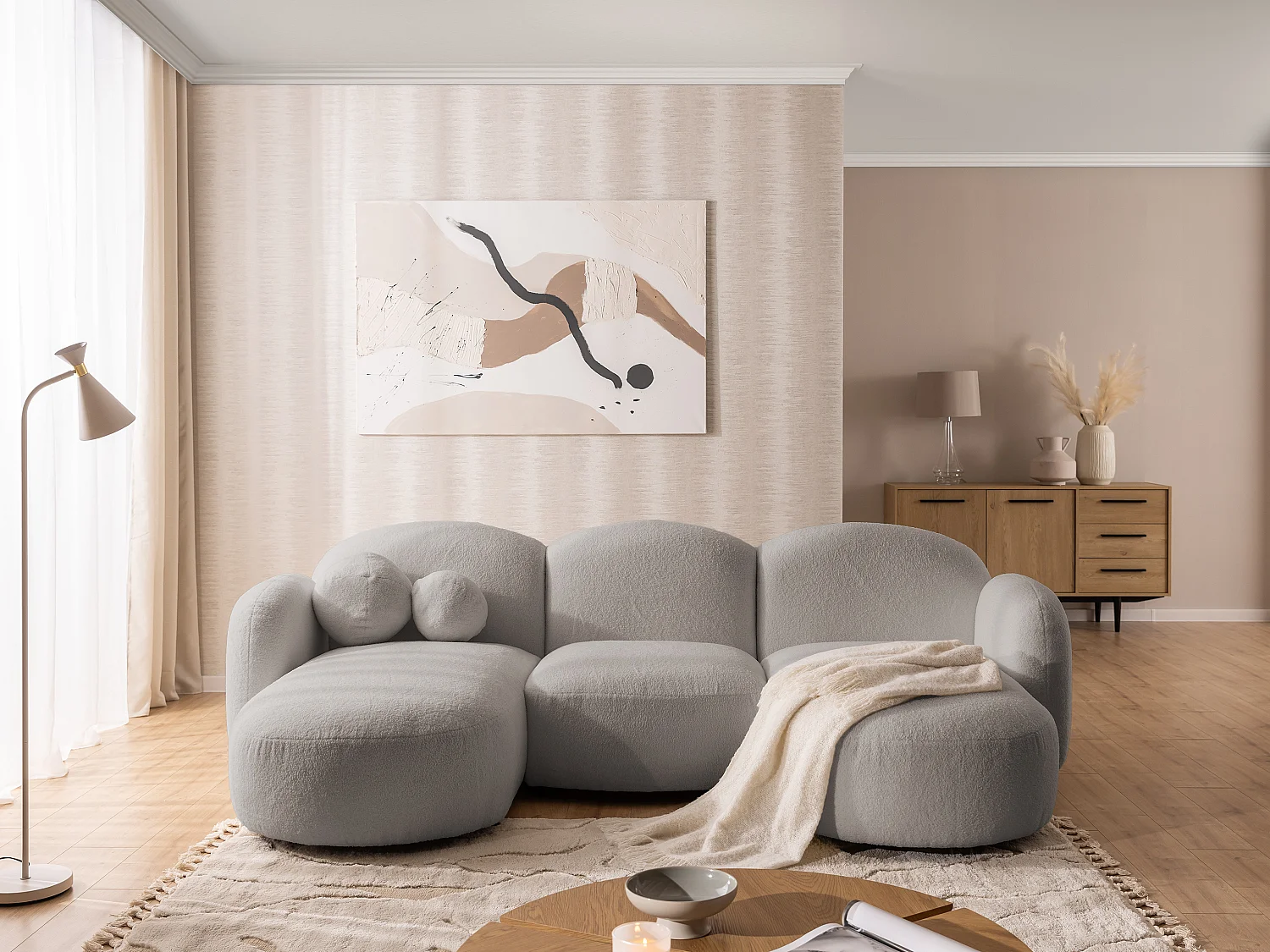 Nuvola - Moderne Wohnlandschaft aus Hellgrau Bouclé mit abgerundetem Design und hohem Sitzkomfort