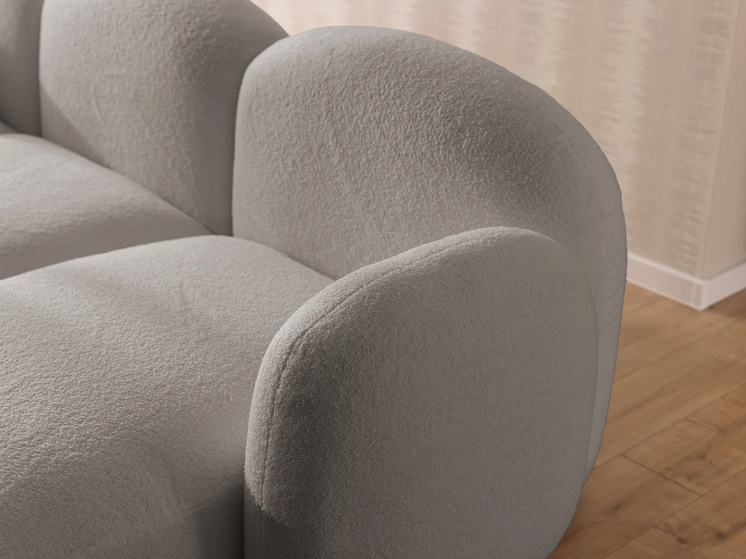 Nuvola - Moderne Wohnlandschaft aus Hellgrau Bouclé mit abgerundetem Design und hohem Sitzkomfort