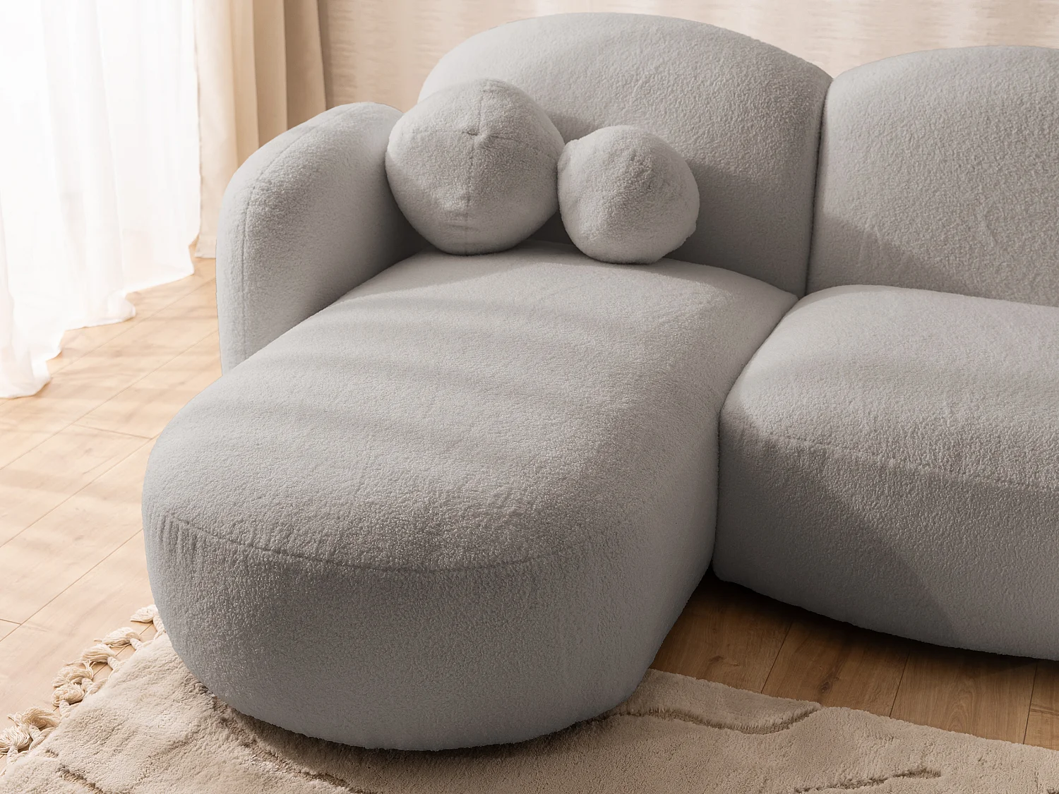 Nuvola - Moderne Wohnlandschaft aus Hellgrau Bouclé mit abgerundetem Design und hohem Sitzkomfort