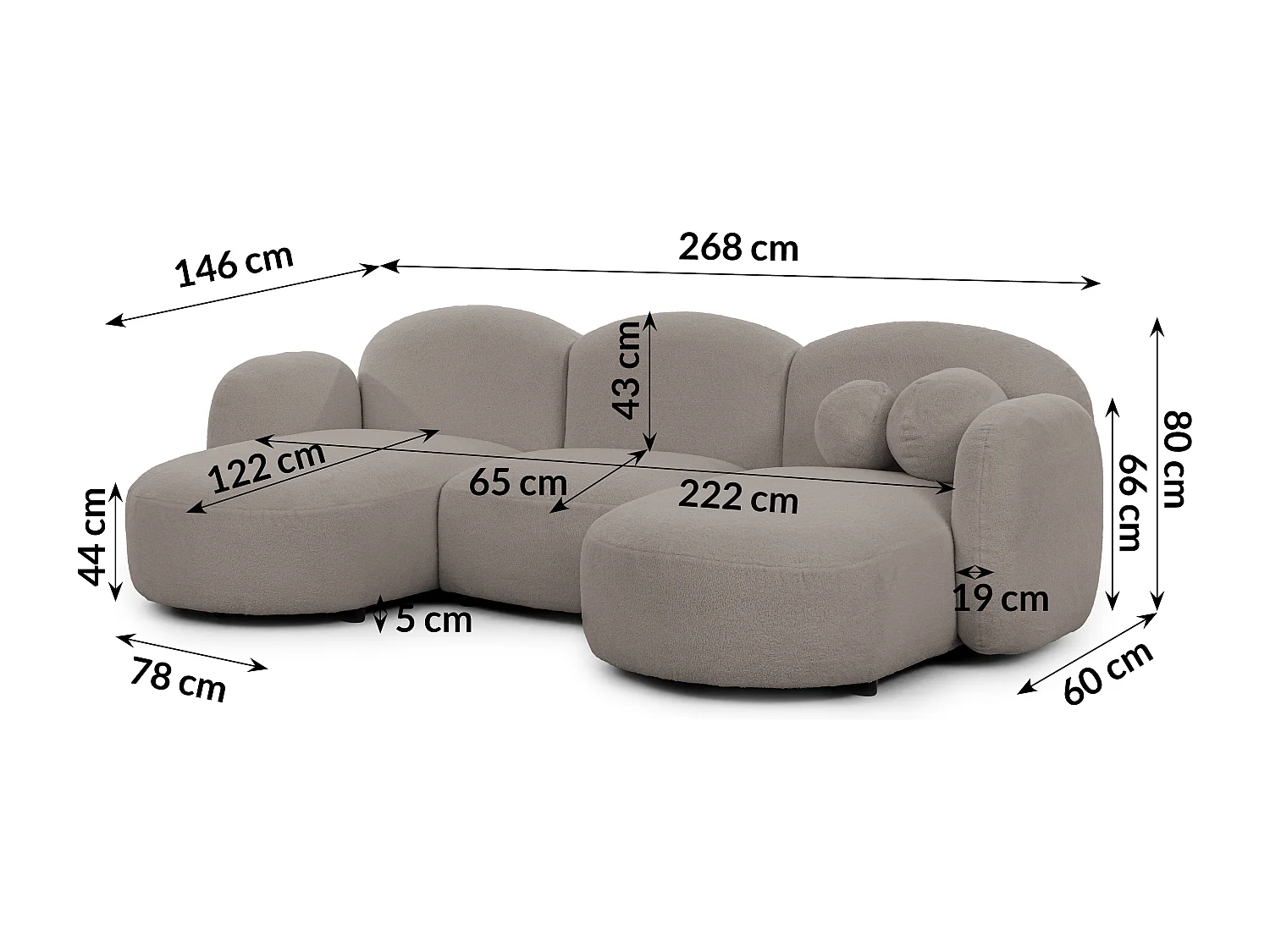 Nuvola - Moderne Wohnlandschaft aus Hellgrau Bouclé mit abgerundetem Design und hohem Sitzkomfort