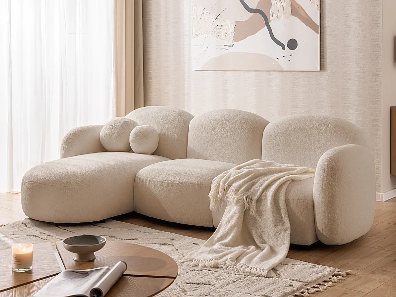 Nuvola - Moderne Ecksofa L-Form aus Hellbeige Bouclé-Stoff mit abgerundetem Design und hohem Sitzkomfort
