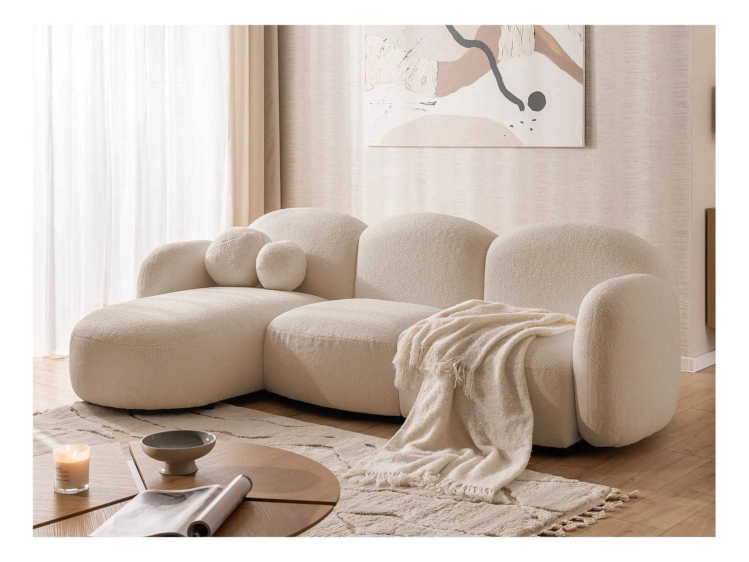 Nuvola - Moderne Ecksofa L-Form aus Hellbeige Bouclé-Stoff mit abgerundetem Design und hohem Sitzkomfort