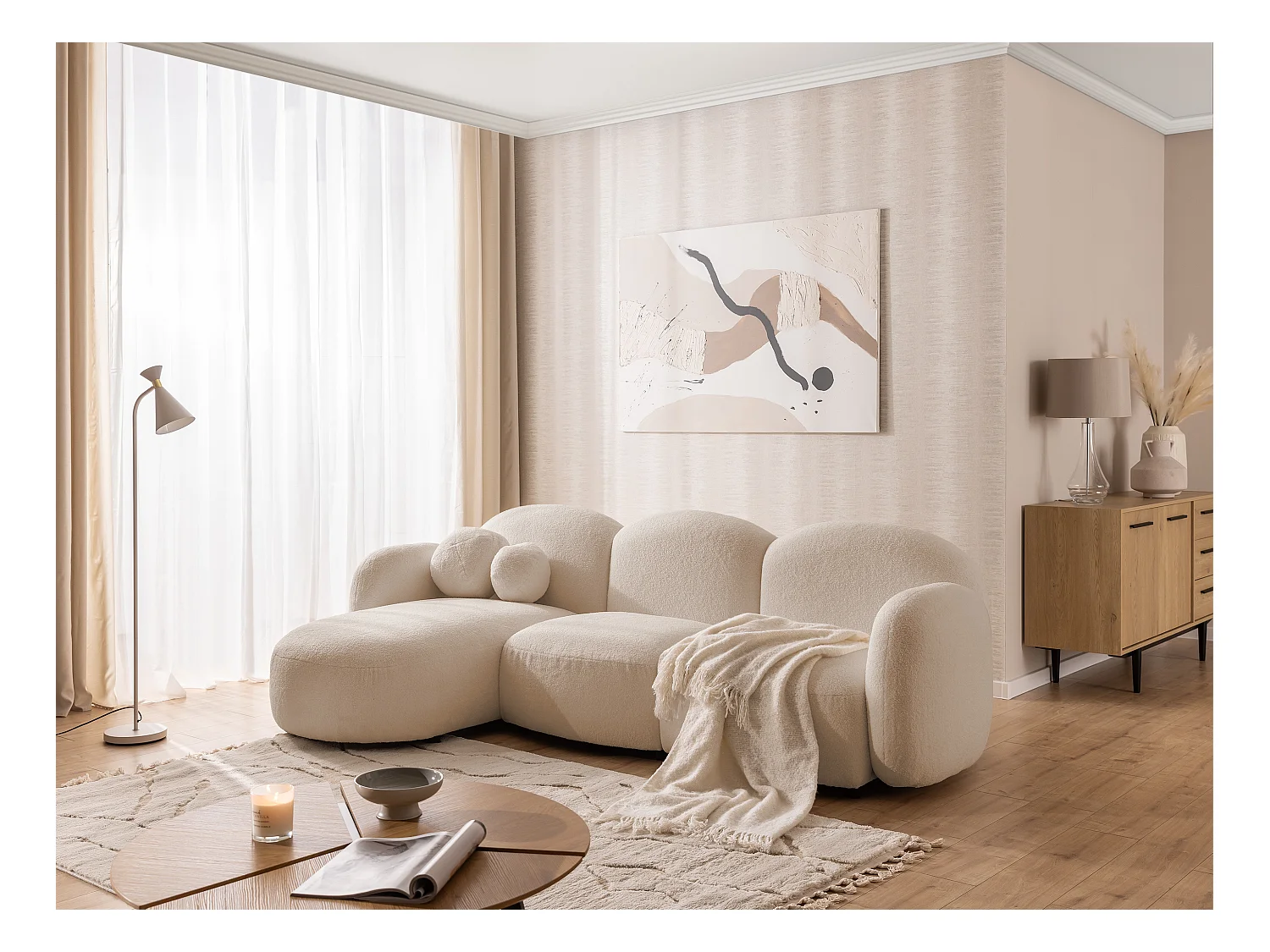 Nuvola - Moderne Ecksofa L-Form aus Hellbeige Bouclé-Stoff mit abgerundetem Design und hohem Sitzkomfort