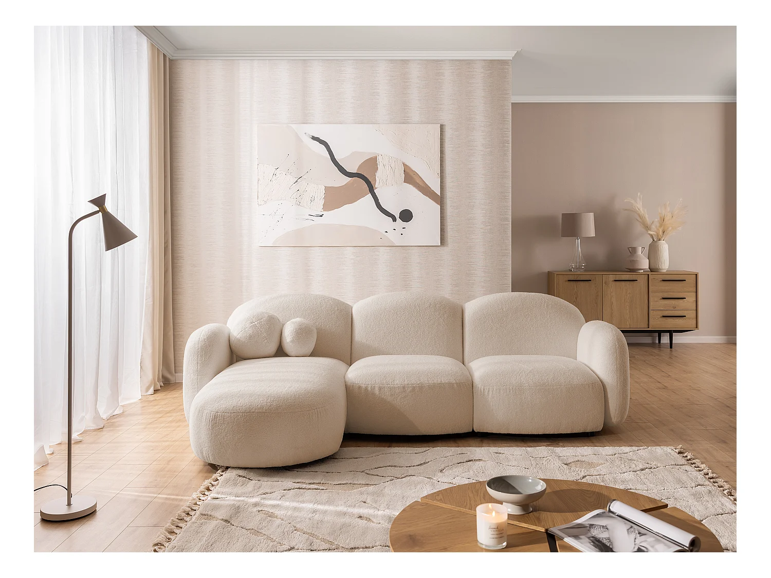 Nuvola - Moderne Ecksofa L-Form aus Hellbeige Bouclé-Stoff mit abgerundetem Design und hohem Sitzkomfort