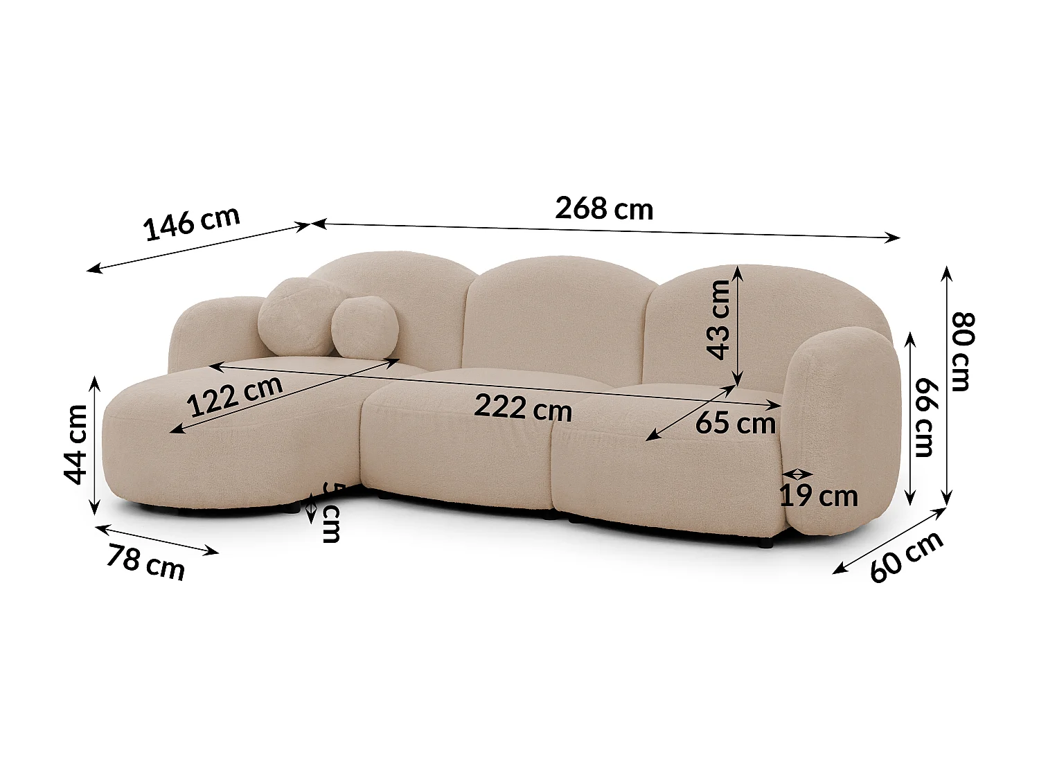 Nuvola - Moderne Ecksofa L-Form aus Hellbeige Bouclé-Stoff mit abgerundetem Design und hohem Sitzkomfort
