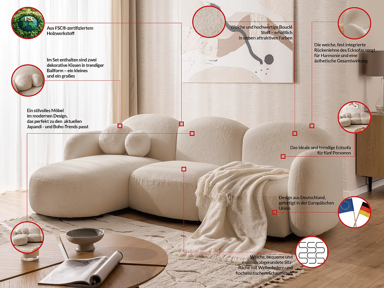 Nuvola - Moderne Ecksofa L-Form aus Hellbeige Bouclé-Stoff mit abgerundetem Design und hohem Sitzkomfort