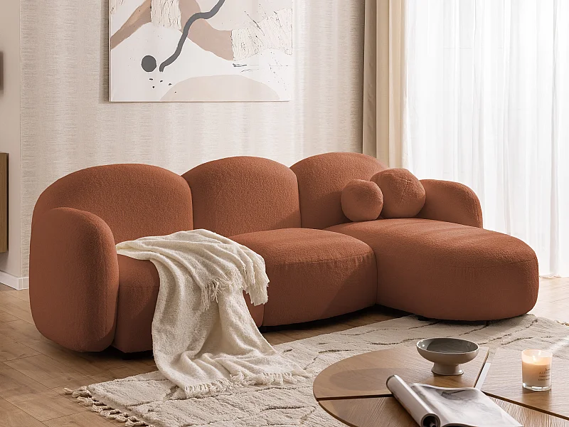 Nuvola - Moderne Ecksofa L-Form aus Terracotta Bouclé-Stoff mit abgerundetem Design und hohem Sitzkomfort