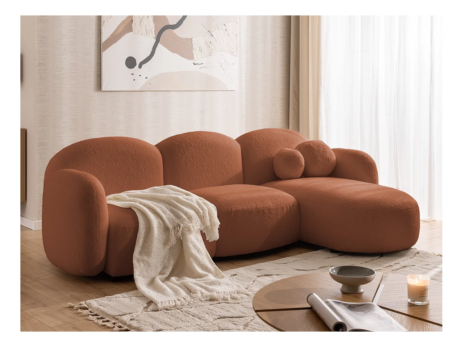 Nuvola - Moderne Ecksofa L-Form aus Terracotta Bouclé-Stoff mit abgerundetem Design und hohem Sitzkomfort
