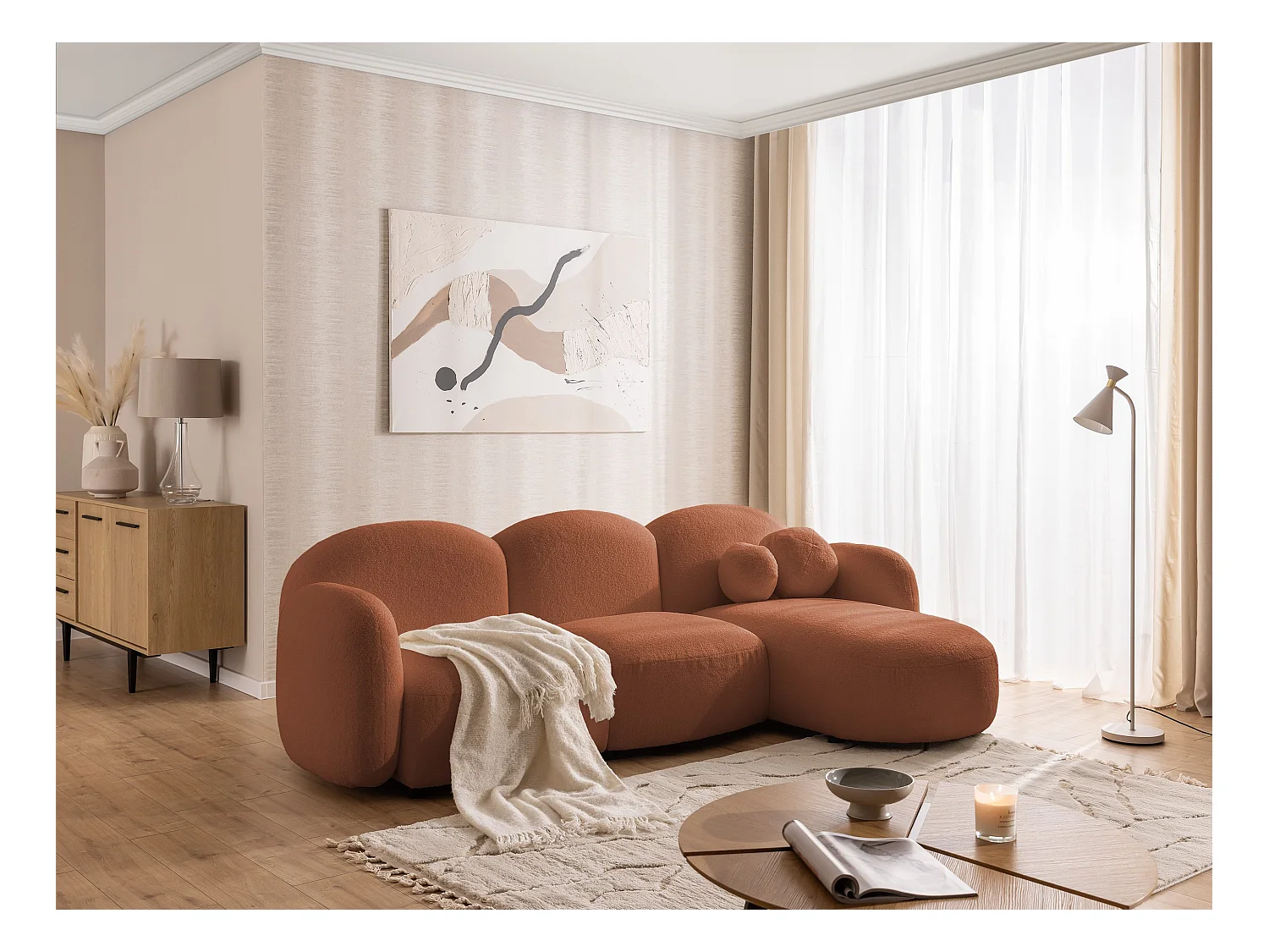 Nuvola - Moderne Ecksofa L-Form aus Terracotta Bouclé-Stoff mit abgerundetem Design und hohem Sitzkomfort
