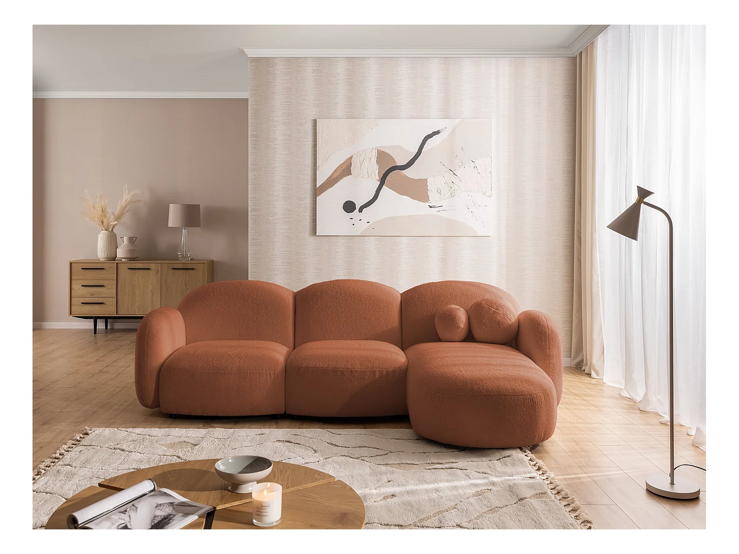 Nuvola - Moderne Ecksofa L-Form aus Terracotta Bouclé-Stoff mit abgerundetem Design und hohem Sitzkomfort