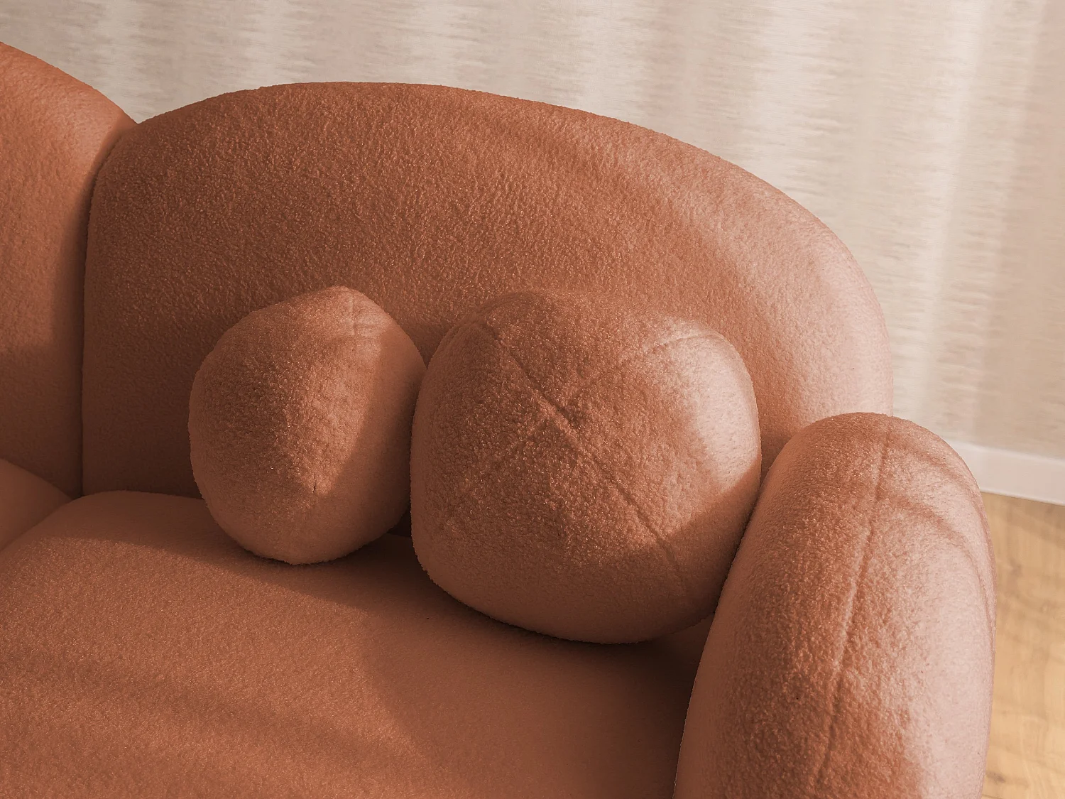 Nuvola - Moderne Ecksofa L-Form aus Terracotta Bouclé-Stoff mit abgerundetem Design und hohem Sitzkomfort