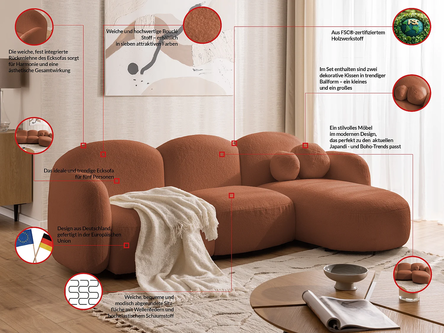 Nuvola - Moderne Ecksofa L-Form aus Terracotta Bouclé-Stoff mit abgerundetem Design und hohem Sitzkomfort