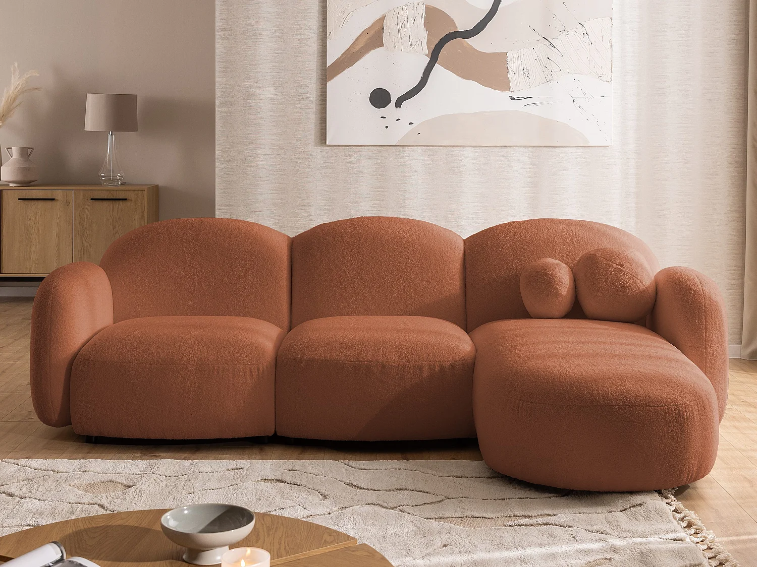 Nuvola - Moderne Ecksofa L-Form aus Terracotta Bouclé-Stoff mit abgerundetem Design und hohem Sitzkomfort