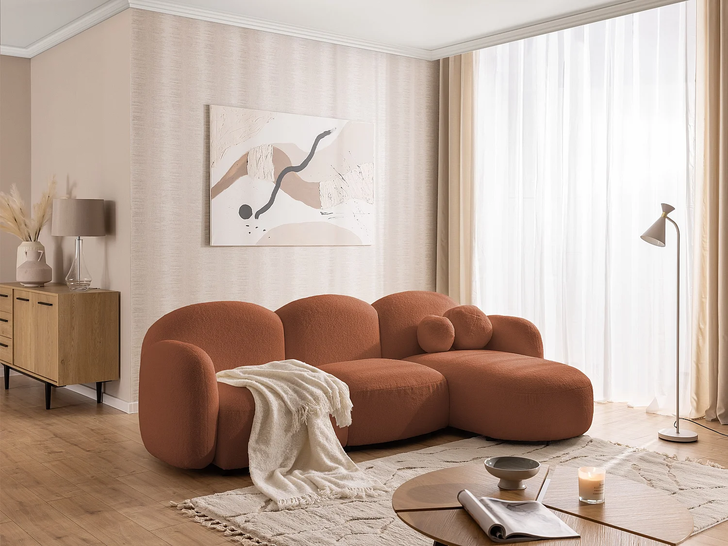 Nuvola - Moderne Ecksofa L-Form aus Terracotta Bouclé-Stoff mit abgerundetem Design und hohem Sitzkomfort