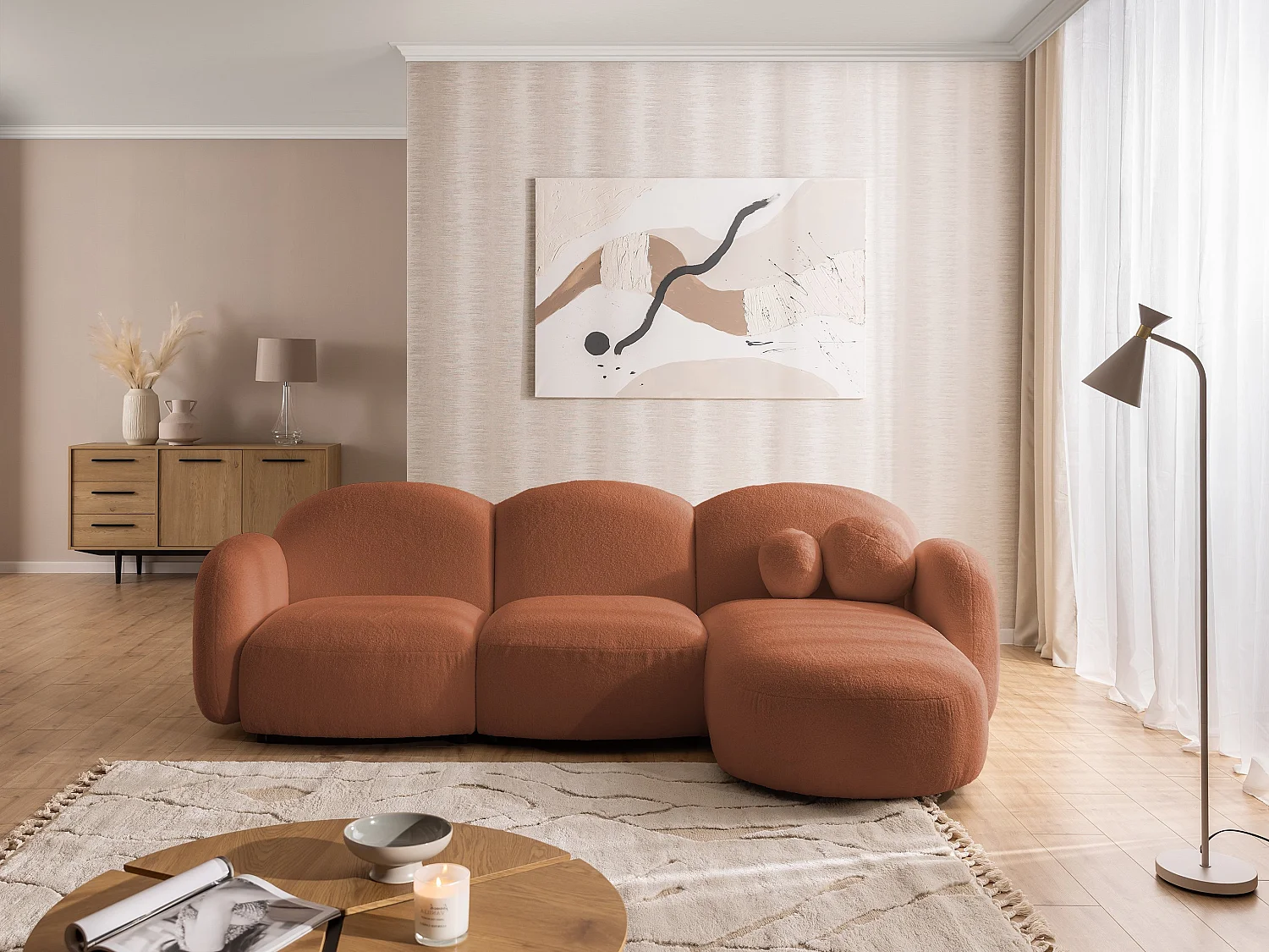 Nuvola - Moderne Ecksofa L-Form aus Terracotta Bouclé-Stoff mit abgerundetem Design und hohem Sitzkomfort