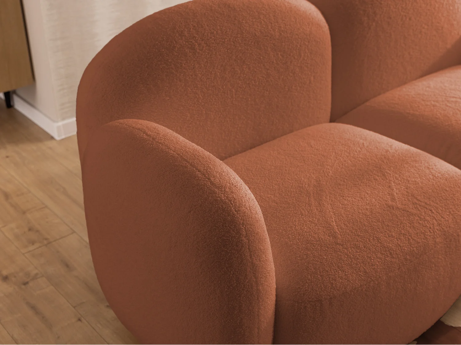 Nuvola - Moderne Ecksofa L-Form aus Terracotta Bouclé-Stoff mit abgerundetem Design und hohem Sitzkomfort