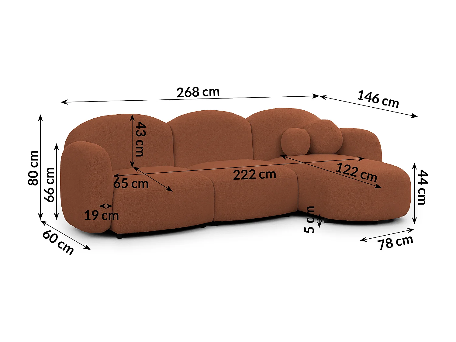 Nuvola - Moderne Ecksofa L-Form aus Terracotta Bouclé-Stoff mit abgerundetem Design und hohem Sitzkomfort