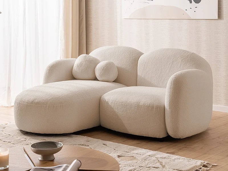 Nuvola - Moderne Ecksofa L-Form aus Hellbeige Bouclé-Stoff mit abgerundetem Design und hohem Sitzkomfort