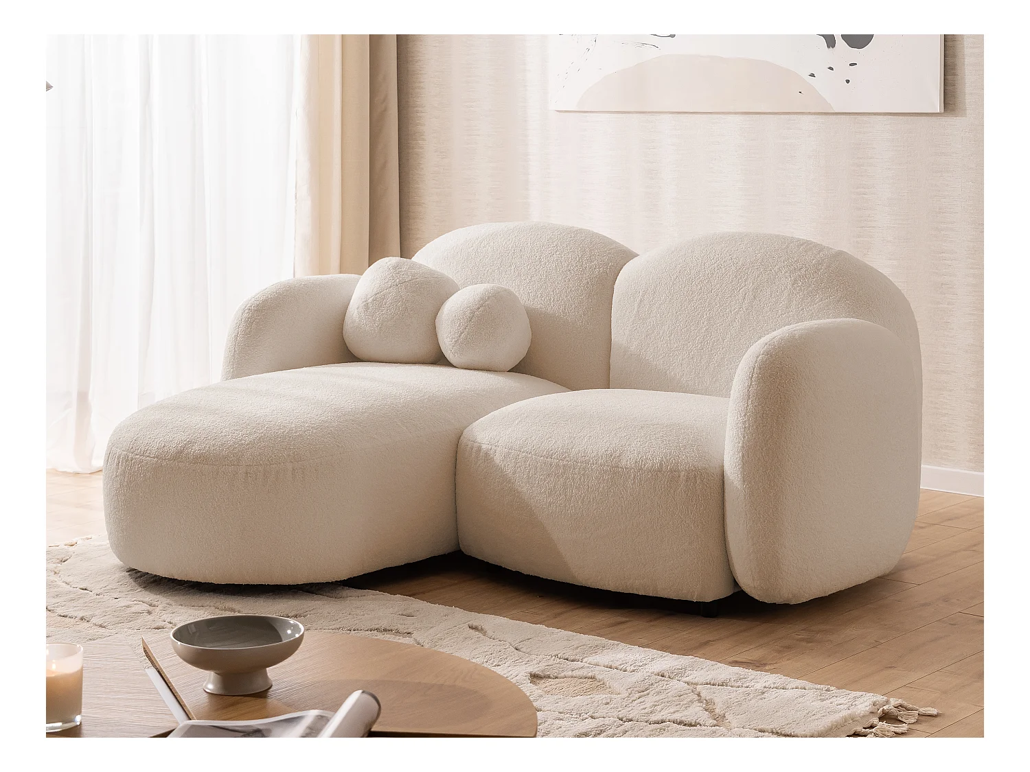 Nuvola - Moderne Ecksofa L-Form aus Hellbeige Bouclé-Stoff mit abgerundetem Design und hohem Sitzkomfort