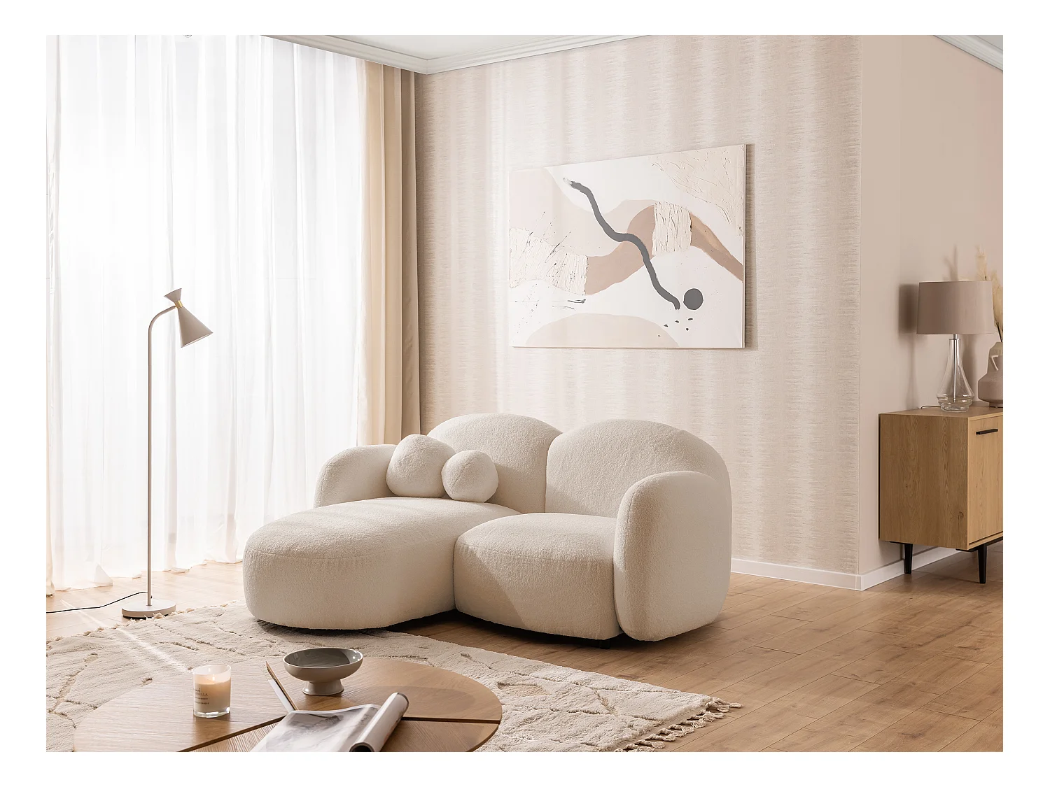 Nuvola - Moderne Ecksofa L-Form aus Hellbeige Bouclé-Stoff mit abgerundetem Design und hohem Sitzkomfort