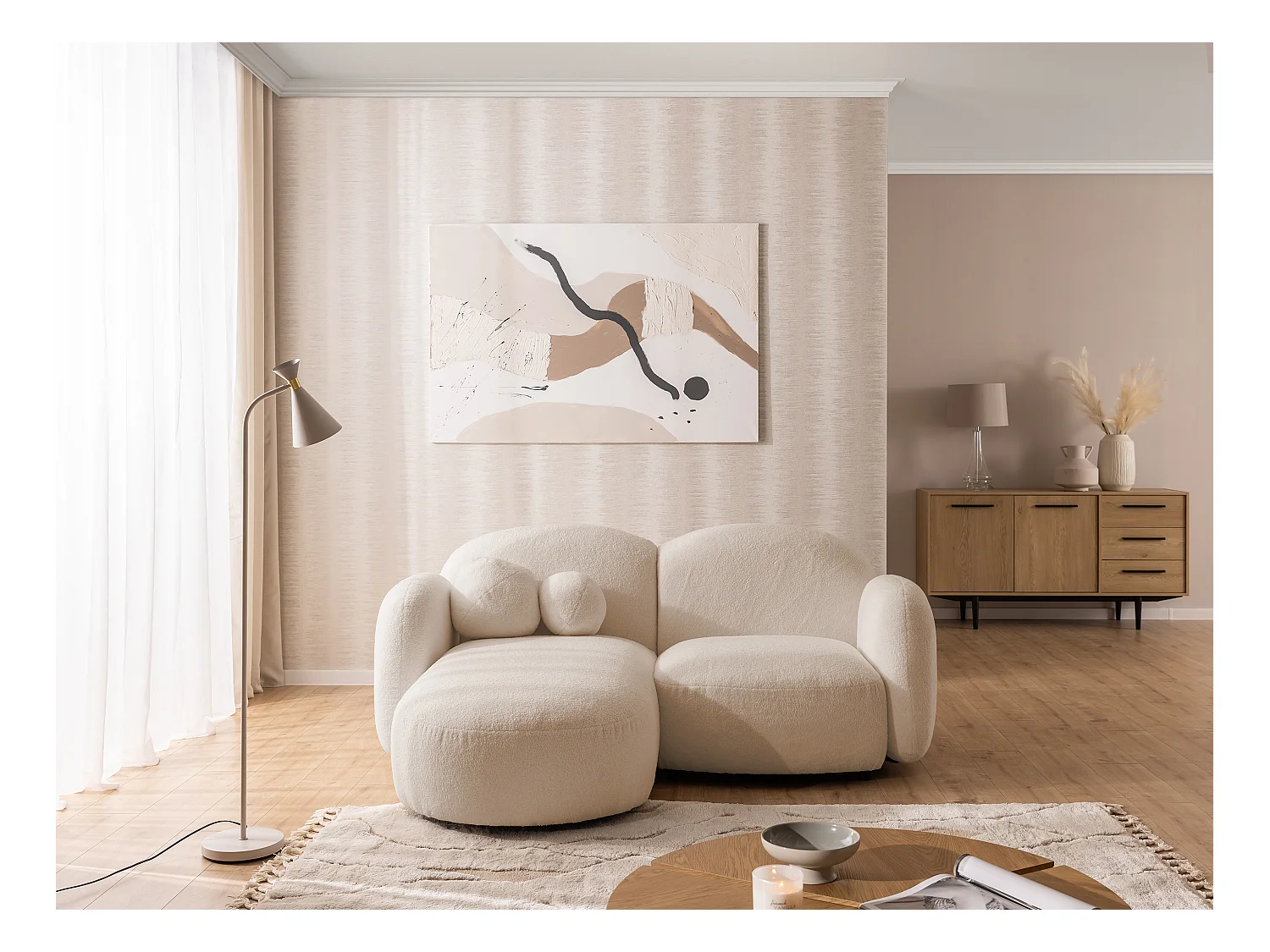 Nuvola - Moderne Ecksofa L-Form aus Hellbeige Bouclé-Stoff mit abgerundetem Design und hohem Sitzkomfort