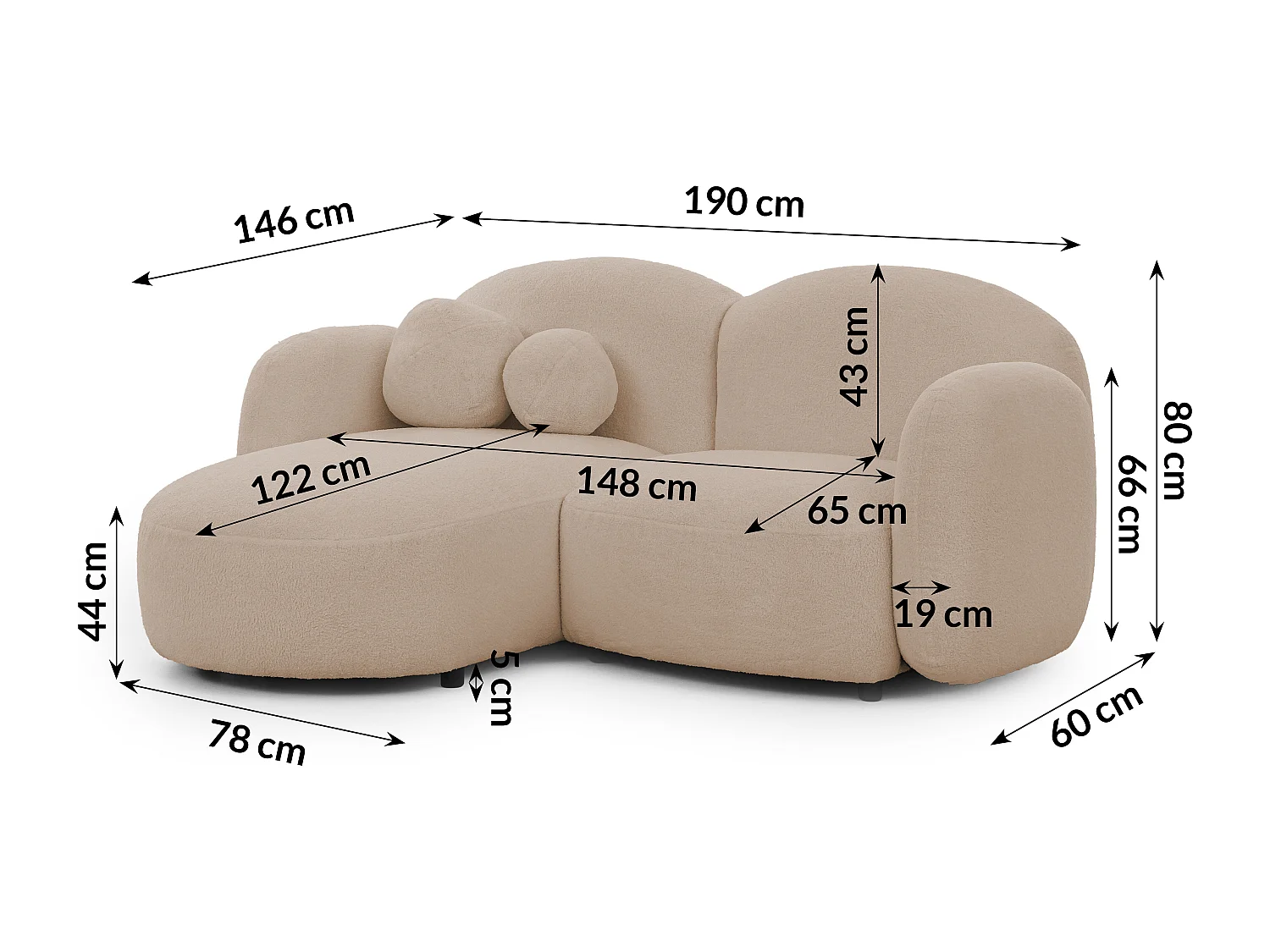 Nuvola - Moderne Ecksofa L-Form aus Hellbeige Bouclé-Stoff mit abgerundetem Design und hohem Sitzkomfort