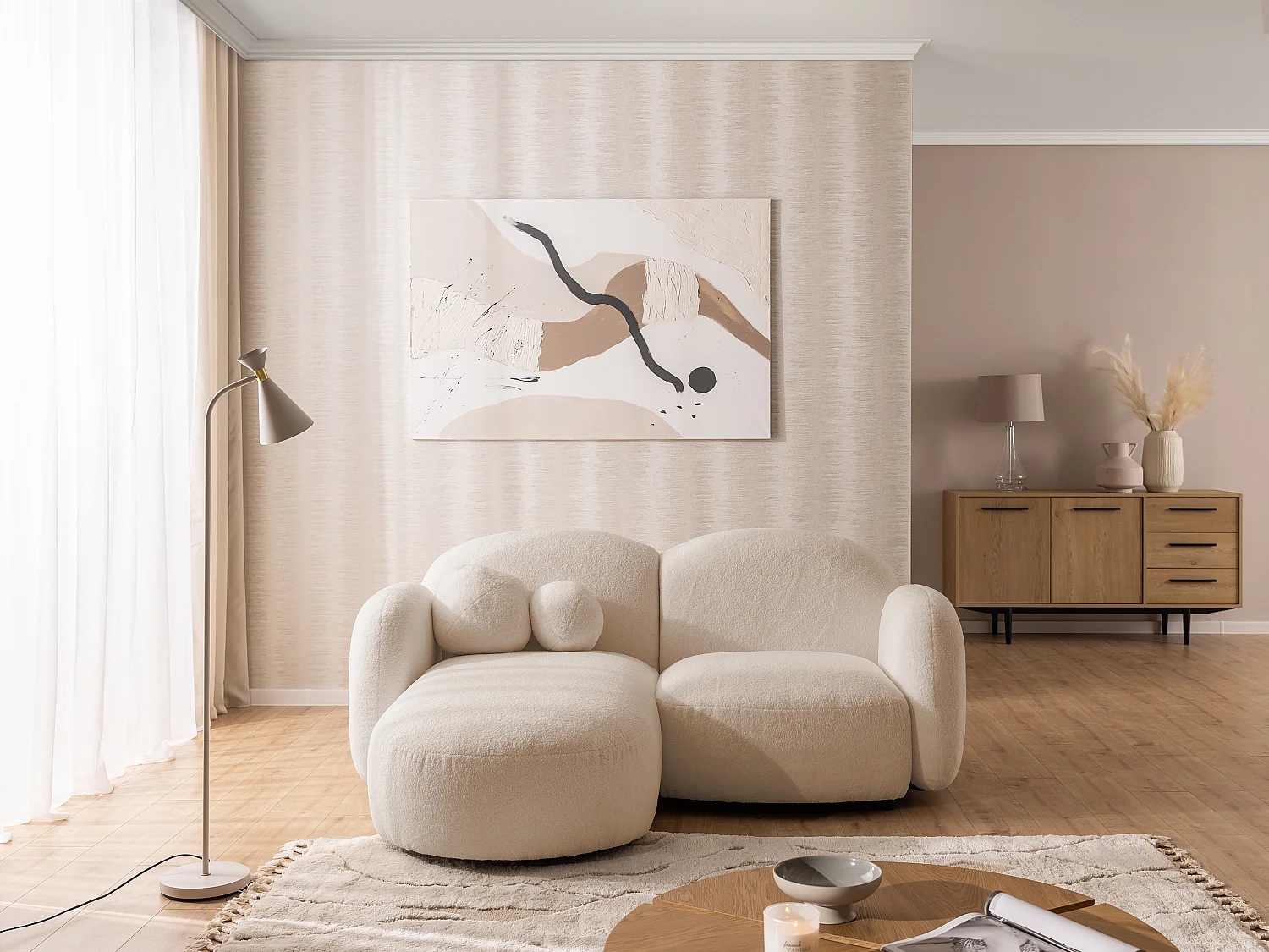 Nuvola - Moderne Ecksofa L-Form aus Hellbeige Bouclé-Stoff mit abgerundetem Design und hohem Sitzkomfort