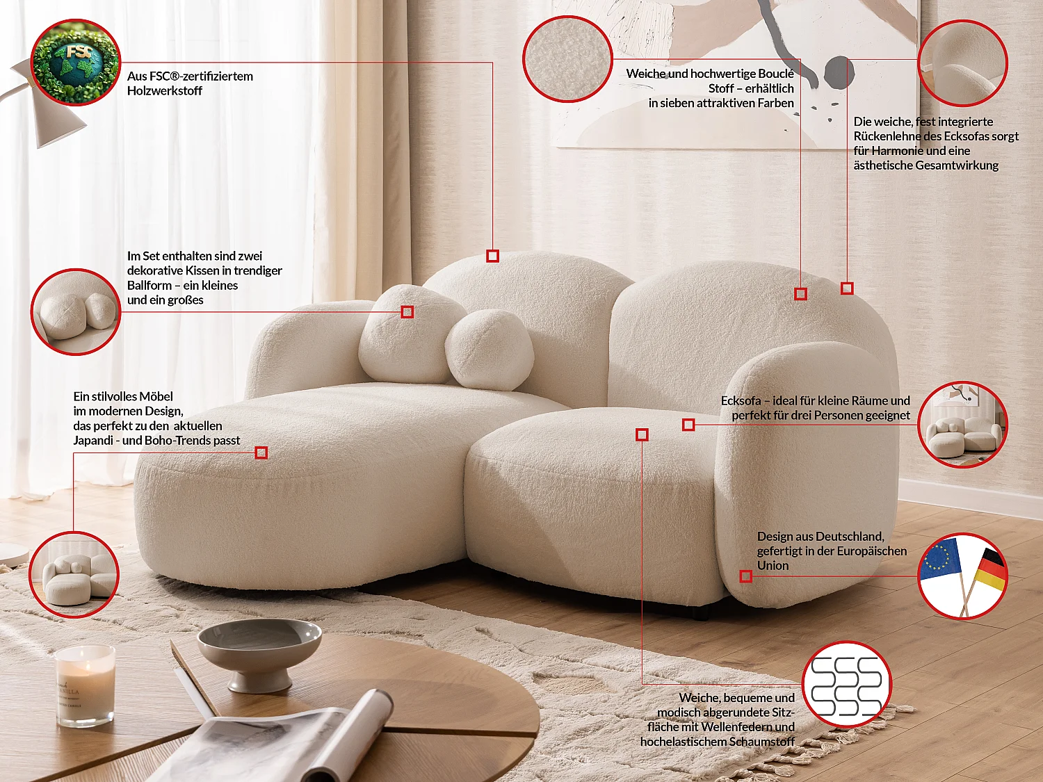 Nuvola - Moderne Ecksofa L-Form aus Hellbeige Bouclé-Stoff mit abgerundetem Design und hohem Sitzkomfort