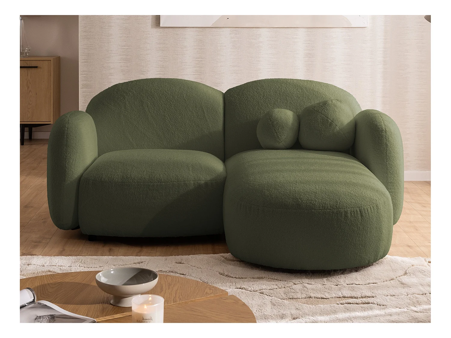 Nuvola - Moderne Ecksofa L-Form aus Grün Bouclé-Stoff mit abgerundetem Design und hohem Sitzkomfort