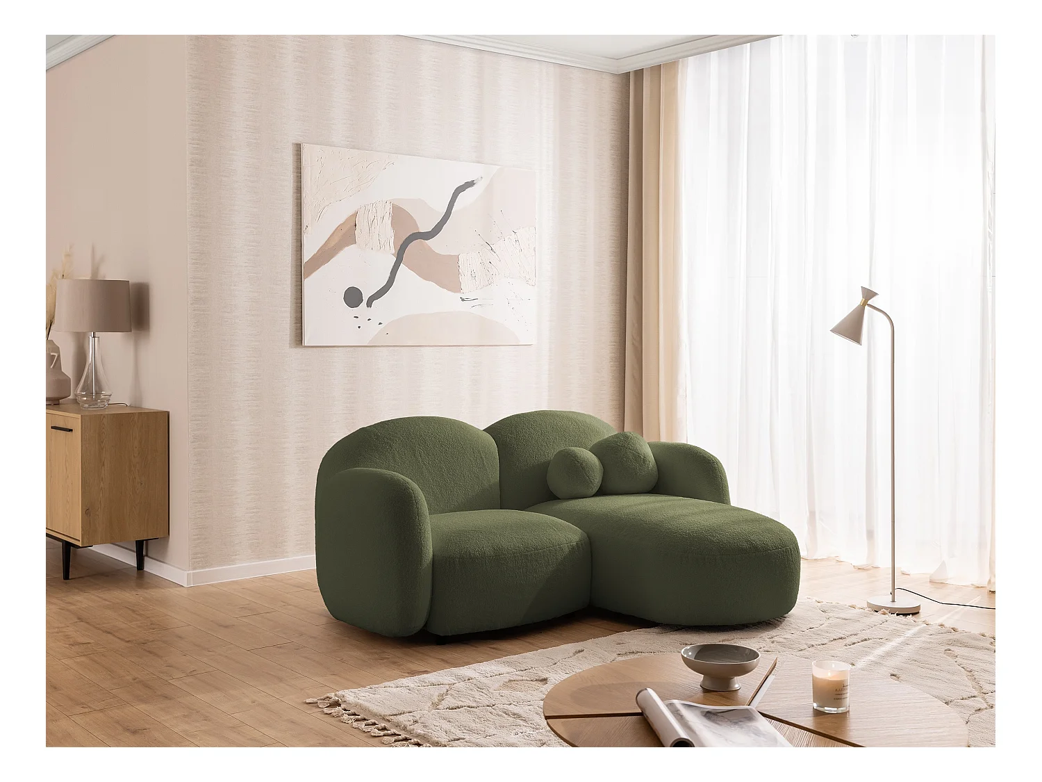 Nuvola - Moderne Ecksofa L-Form aus Grün Bouclé-Stoff mit abgerundetem Design und hohem Sitzkomfort