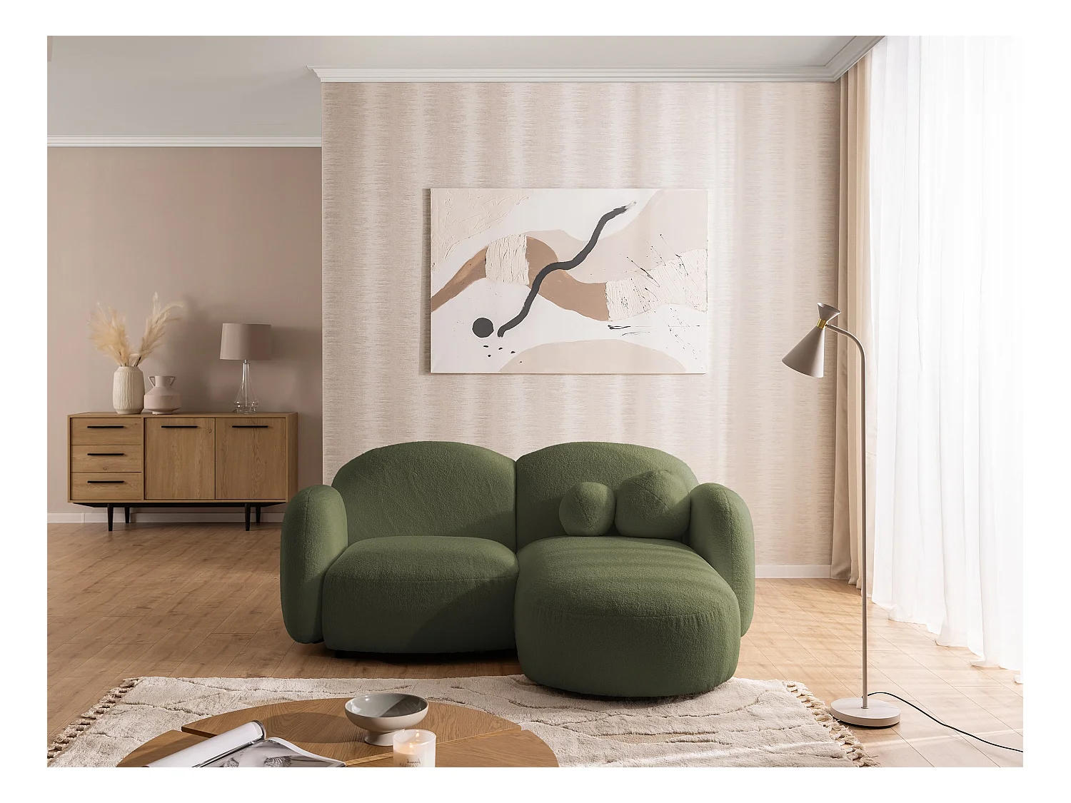 Nuvola - Moderne Ecksofa L-Form aus Grün Bouclé-Stoff mit abgerundetem Design und hohem Sitzkomfort