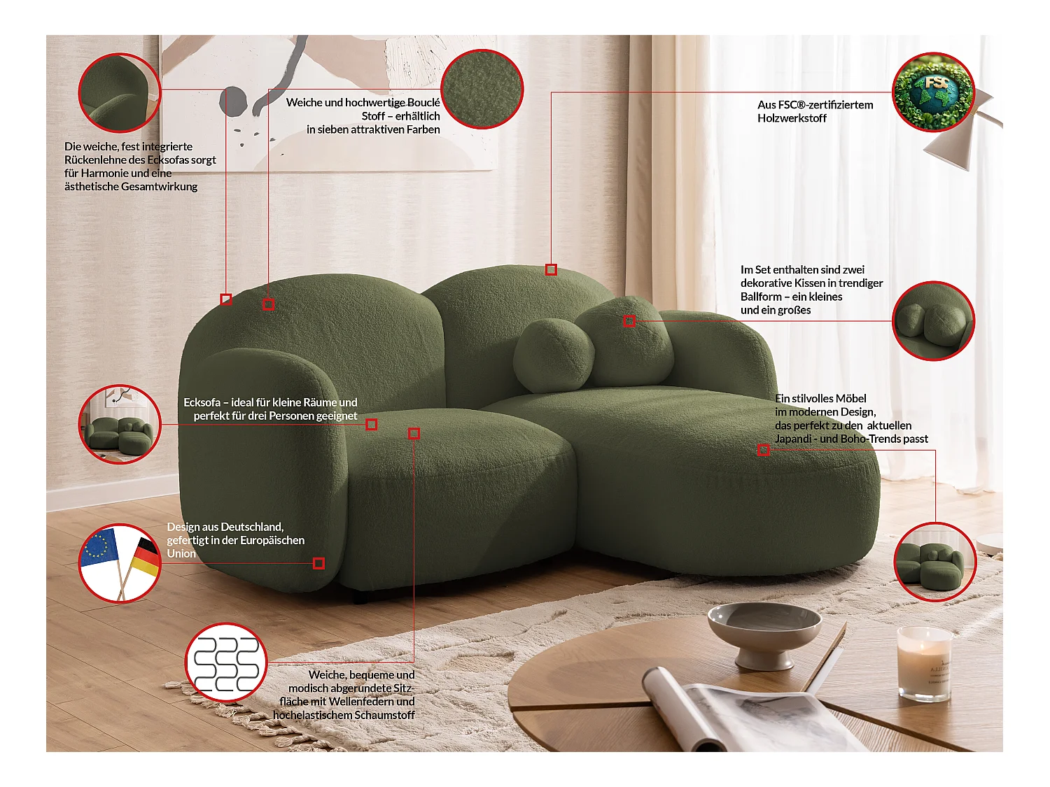 Nuvola - Moderne Ecksofa L-Form aus Grün Bouclé-Stoff mit abgerundetem Design und hohem Sitzkomfort