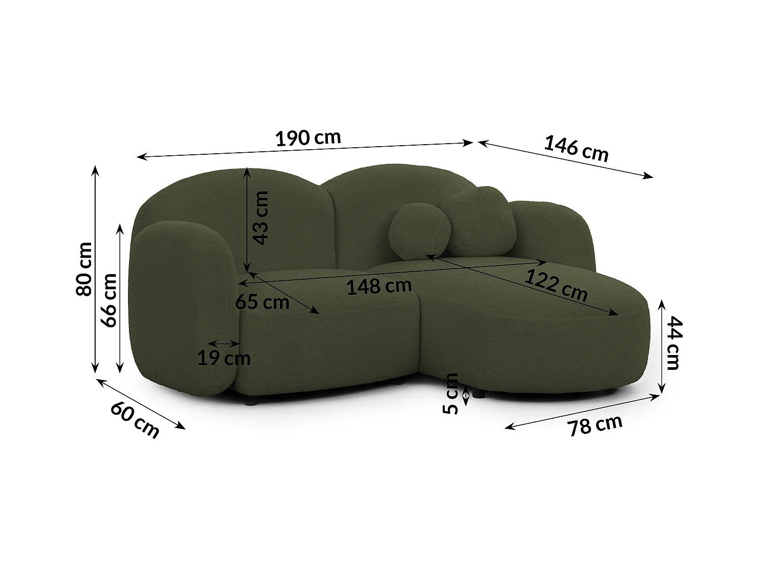 Nuvola - Moderne Ecksofa L-Form aus Grün Bouclé-Stoff mit abgerundetem Design und hohem Sitzkomfort