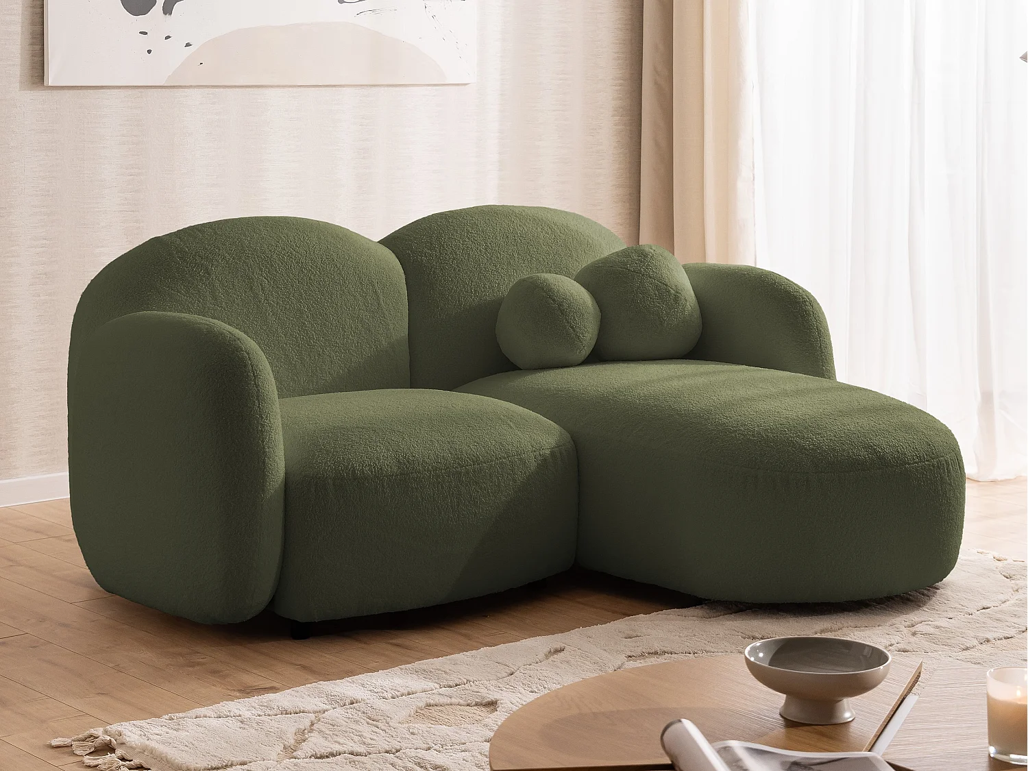 Nuvola - Moderne Ecksofa L-Form aus Grün Bouclé-Stoff mit abgerundetem Design und hohem Sitzkomfort