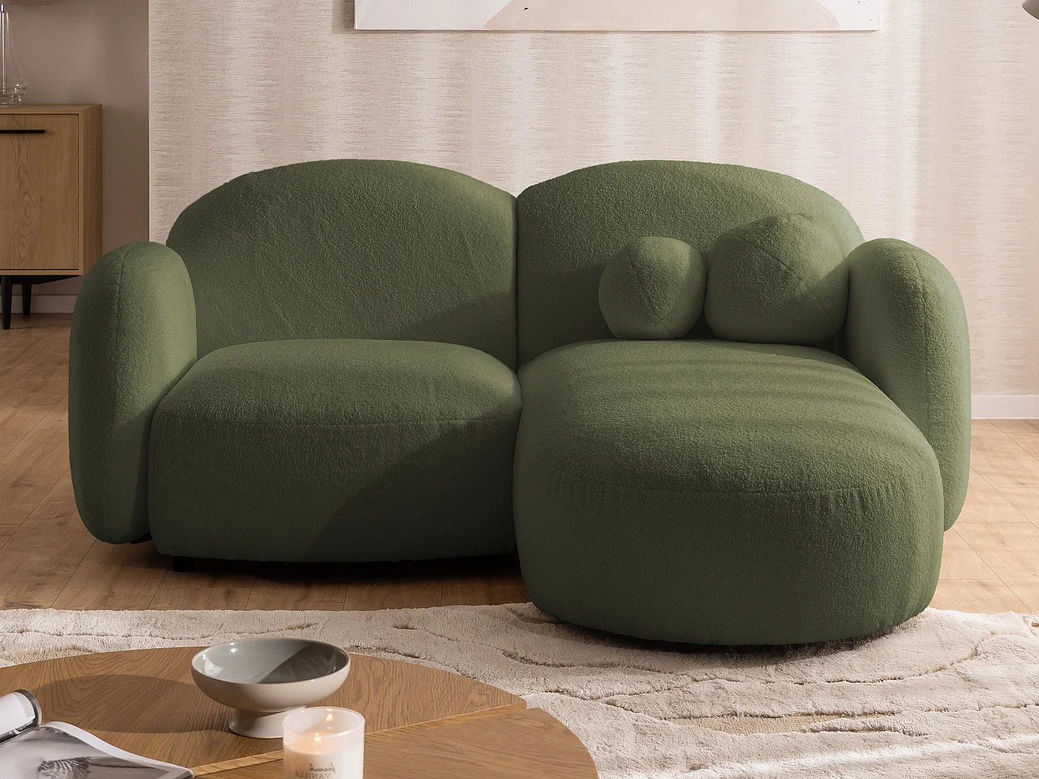 Nuvola - Moderne Ecksofa L-Form aus Grün Bouclé-Stoff mit abgerundetem Design und hohem Sitzkomfort