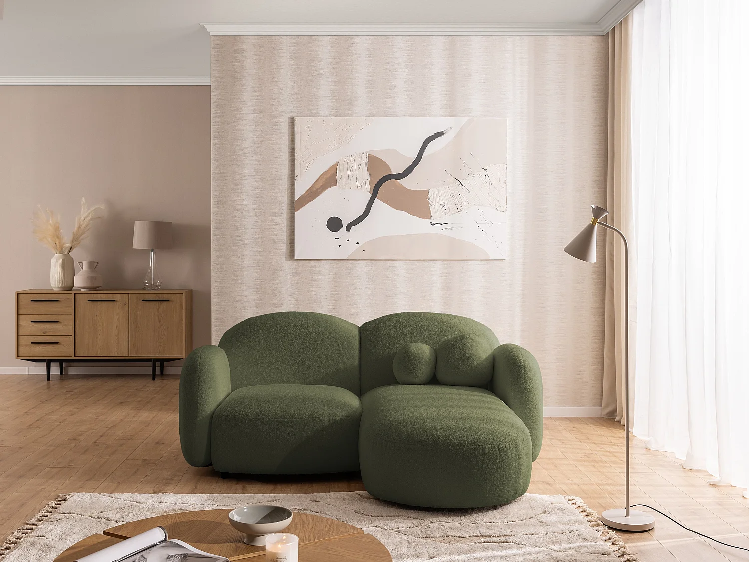 Nuvola - Moderne Ecksofa L-Form aus Grün Bouclé-Stoff mit abgerundetem Design und hohem Sitzkomfort