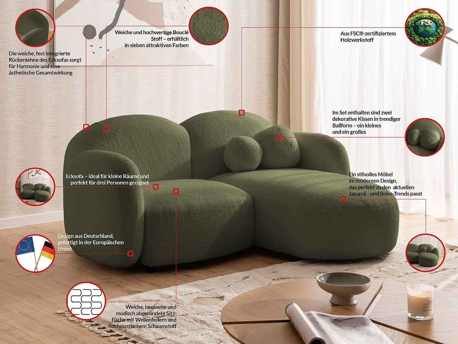 Nuvola - Moderne Ecksofa L-Form aus Grün Bouclé-Stoff mit abgerundetem Design und hohem Sitzkomfort