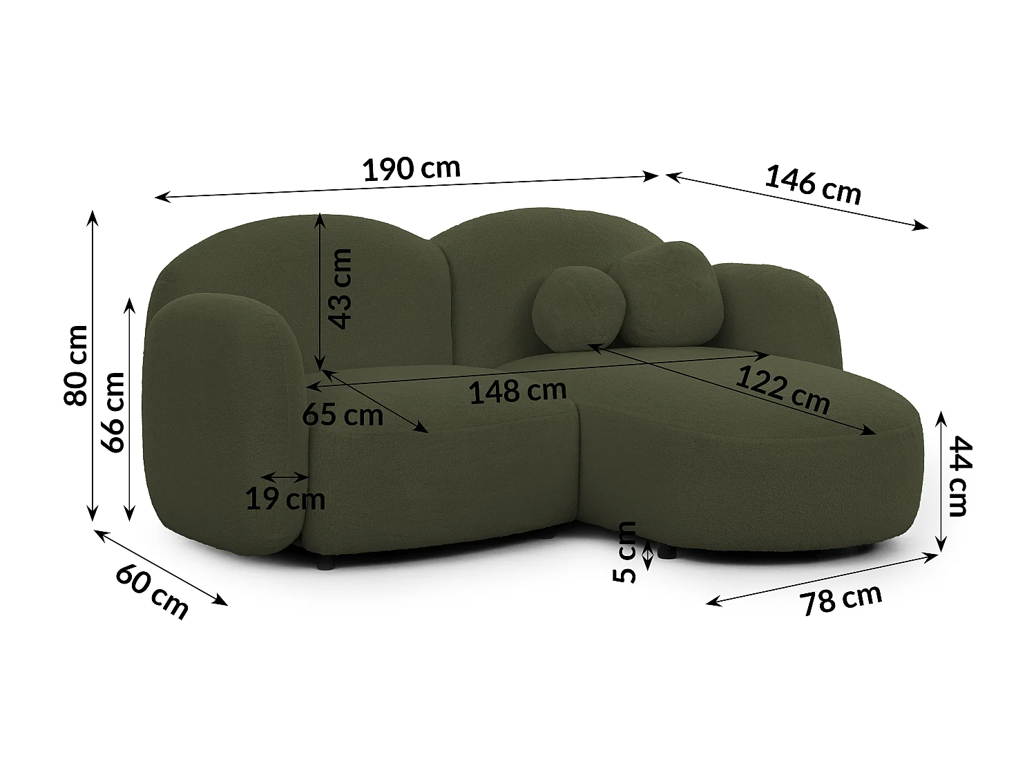 Nuvola - Moderne Ecksofa L-Form aus Grün Bouclé-Stoff mit abgerundetem Design und hohem Sitzkomfort
