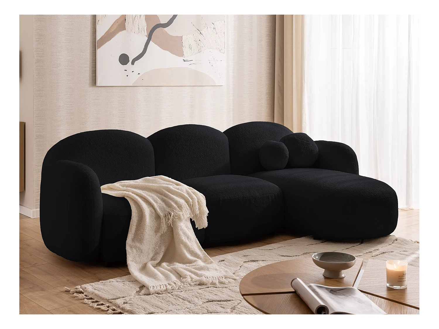 Nuvola - Moderne Ecksofa L-Form aus Schwarz Bouclé-Stoff mit abgerundetem Design und hohem Sitzkomfort