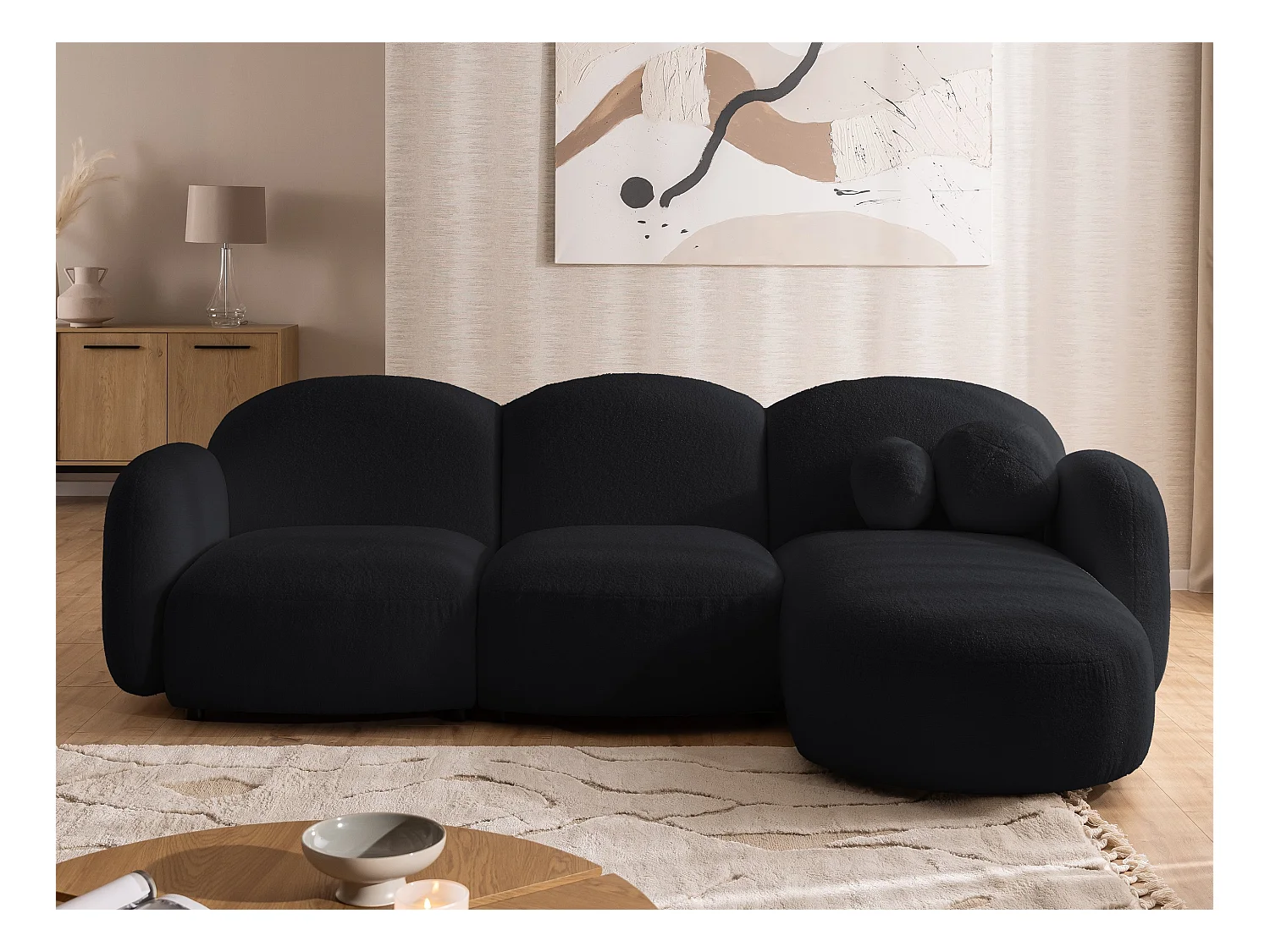 Nuvola - Moderne Ecksofa L-Form aus Schwarz Bouclé-Stoff mit abgerundetem Design und hohem Sitzkomfort