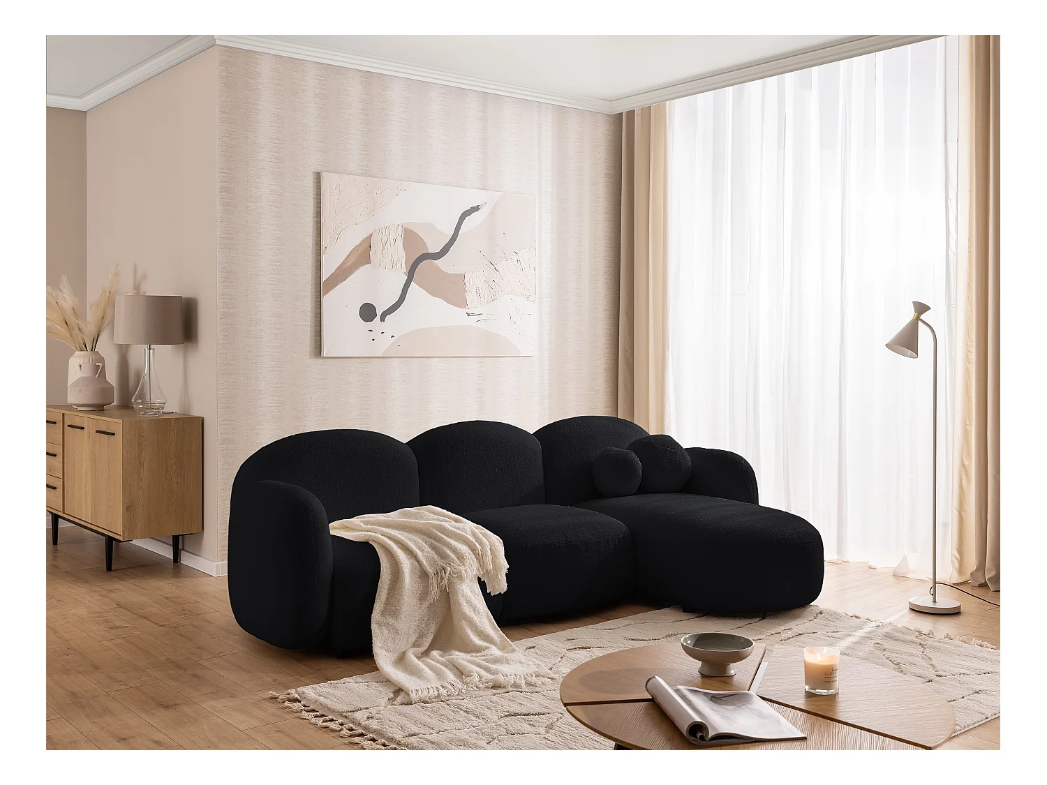 Nuvola - Moderne Ecksofa L-Form aus Schwarz Bouclé-Stoff mit abgerundetem Design und hohem Sitzkomfort