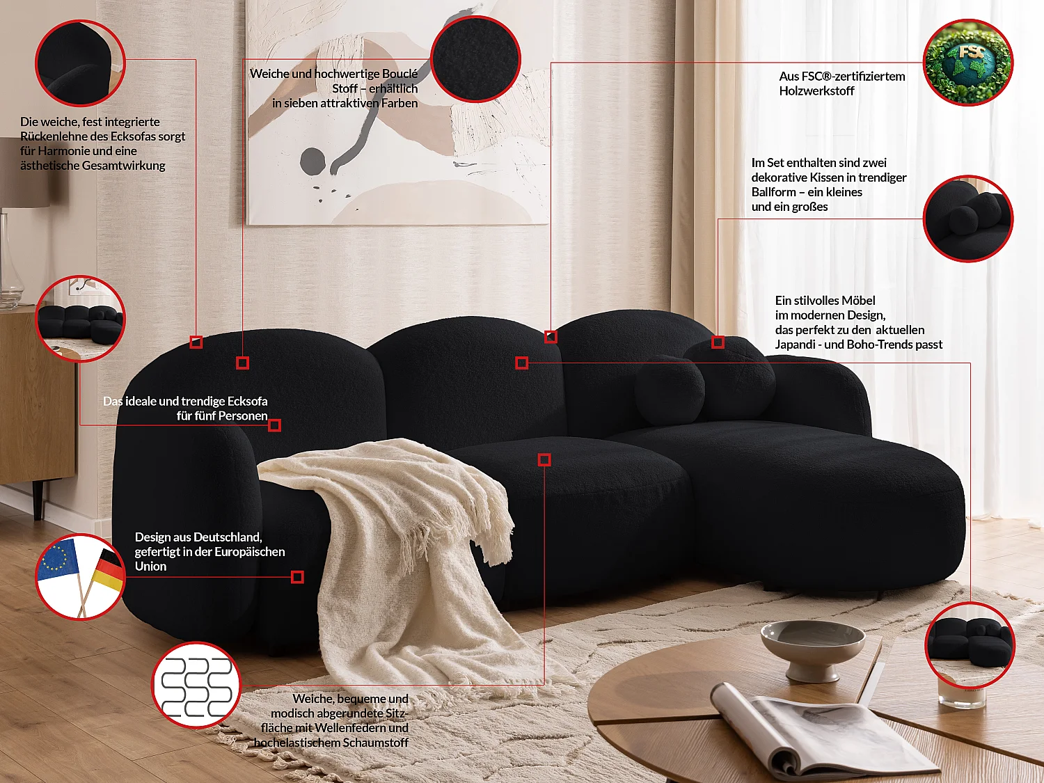 Nuvola - Moderne Ecksofa L-Form aus Schwarz Bouclé-Stoff mit abgerundetem Design und hohem Sitzkomfort