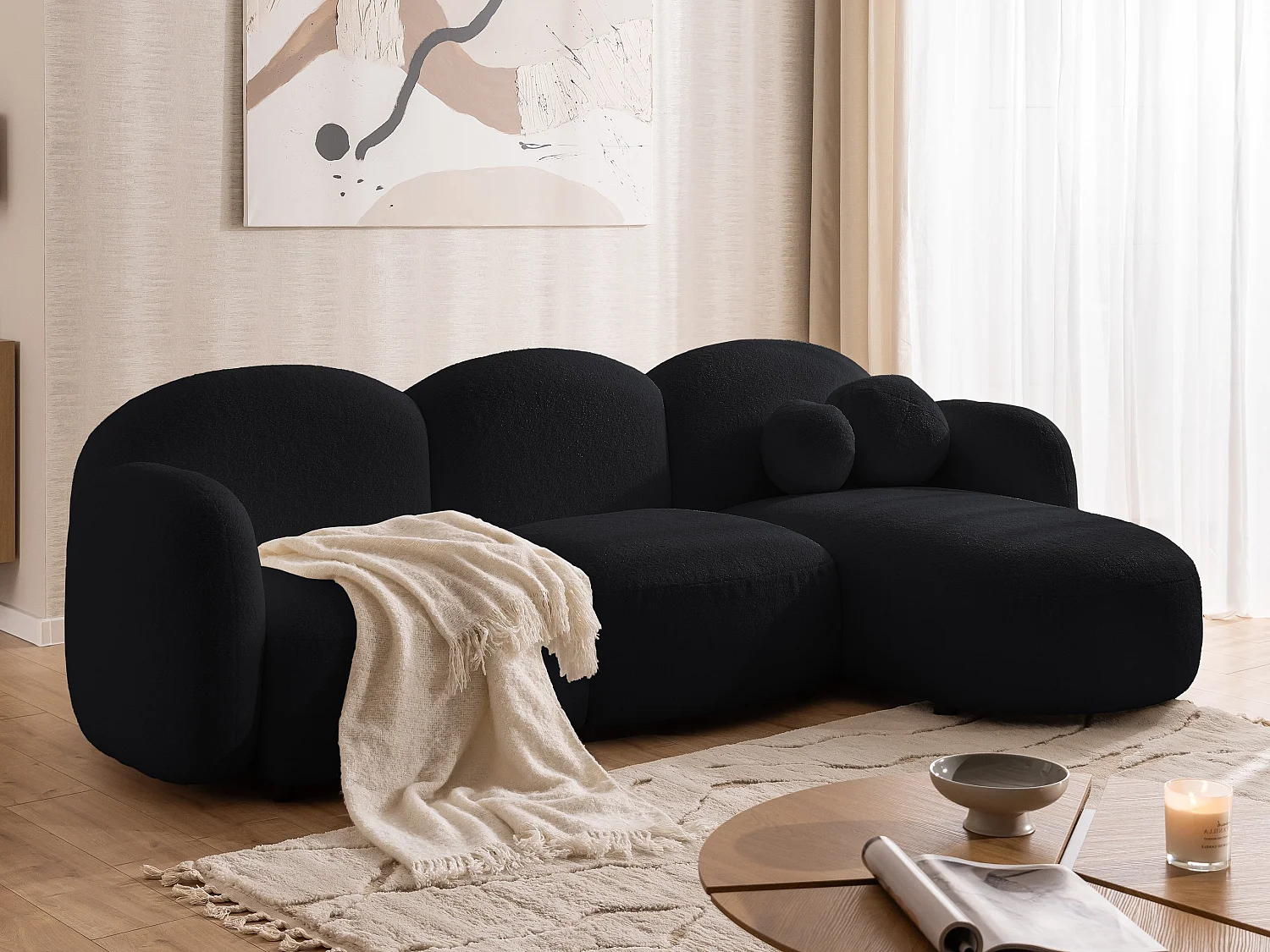 Nuvola - Moderne Ecksofa L-Form aus Schwarz Bouclé-Stoff mit abgerundetem Design und hohem Sitzkomfort