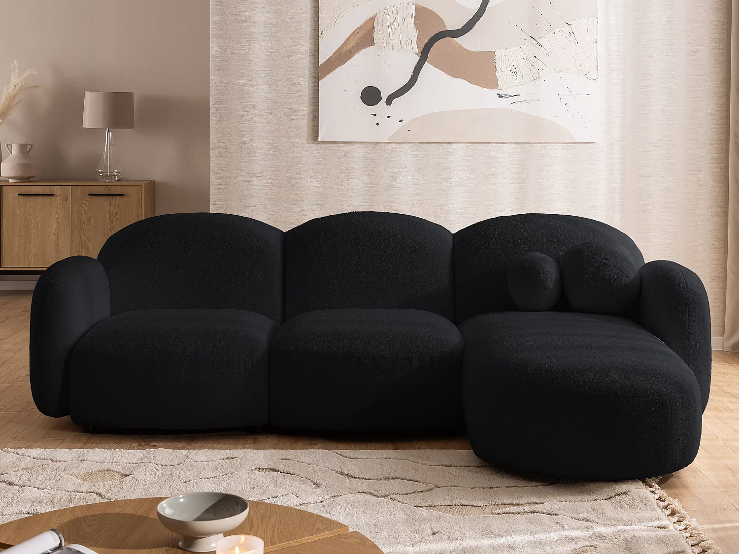 Nuvola - Moderne Ecksofa L-Form aus Schwarz Bouclé-Stoff mit abgerundetem Design und hohem Sitzkomfort