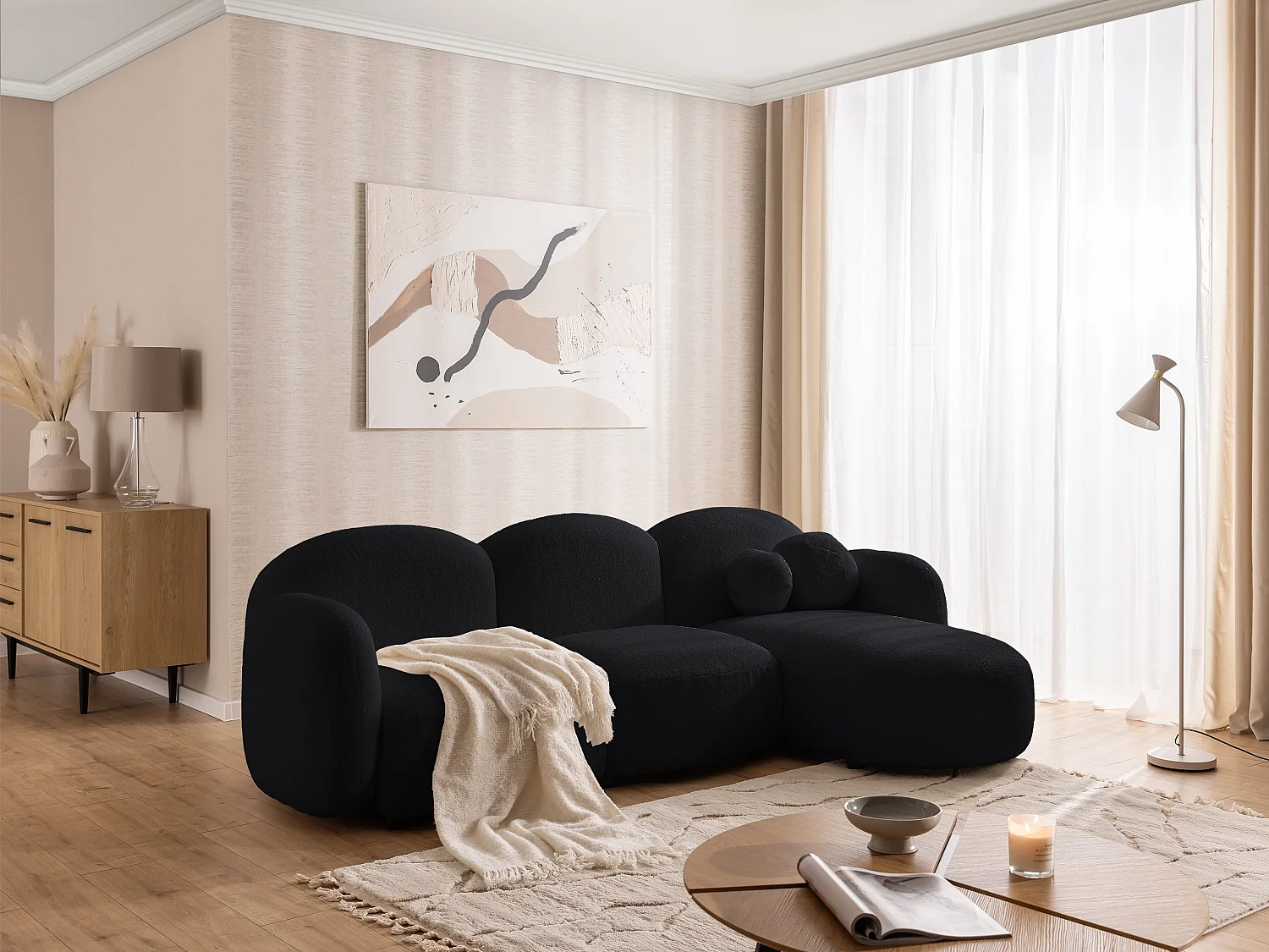 Nuvola - Moderne Ecksofa L-Form aus Schwarz Bouclé-Stoff mit abgerundetem Design und hohem Sitzkomfort