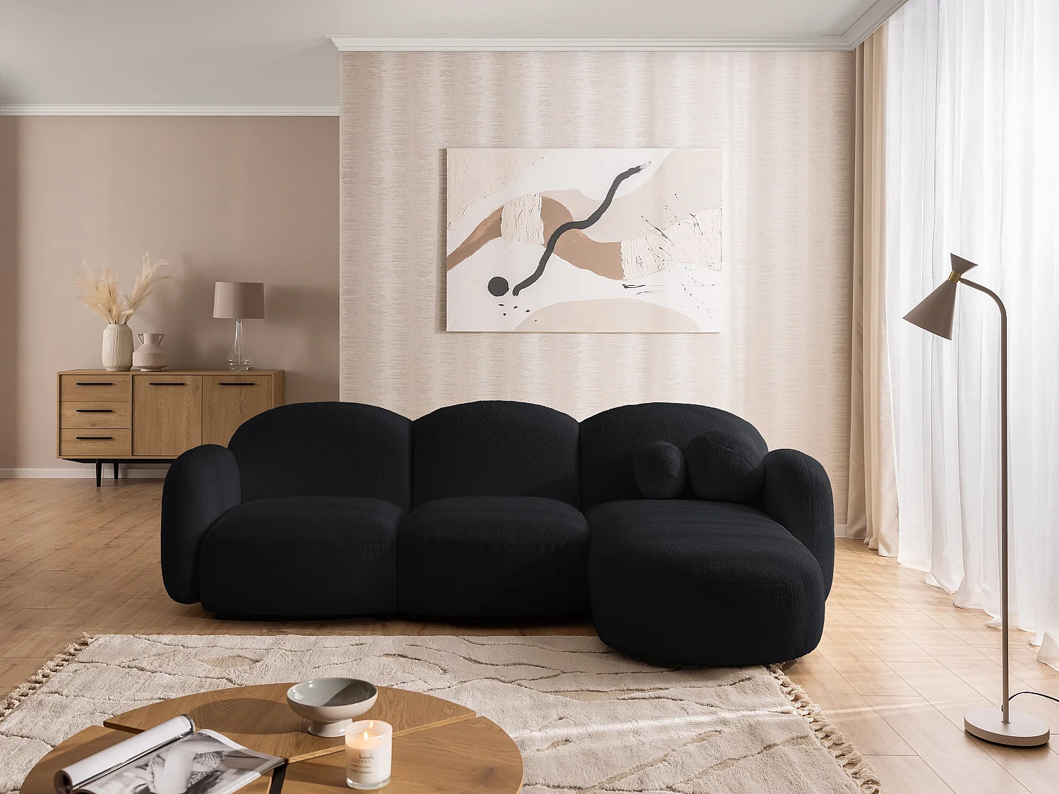 Nuvola - Moderne Ecksofa L-Form aus Schwarz Bouclé-Stoff mit abgerundetem Design und hohem Sitzkomfort
