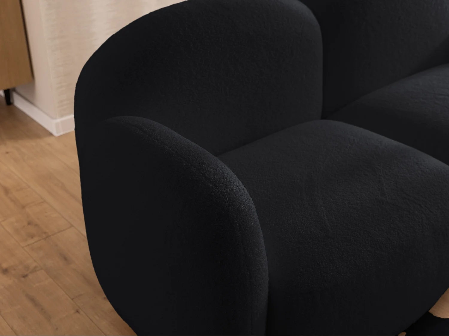 Nuvola - Moderne Ecksofa L-Form aus Schwarz Bouclé-Stoff mit abgerundetem Design und hohem Sitzkomfort
