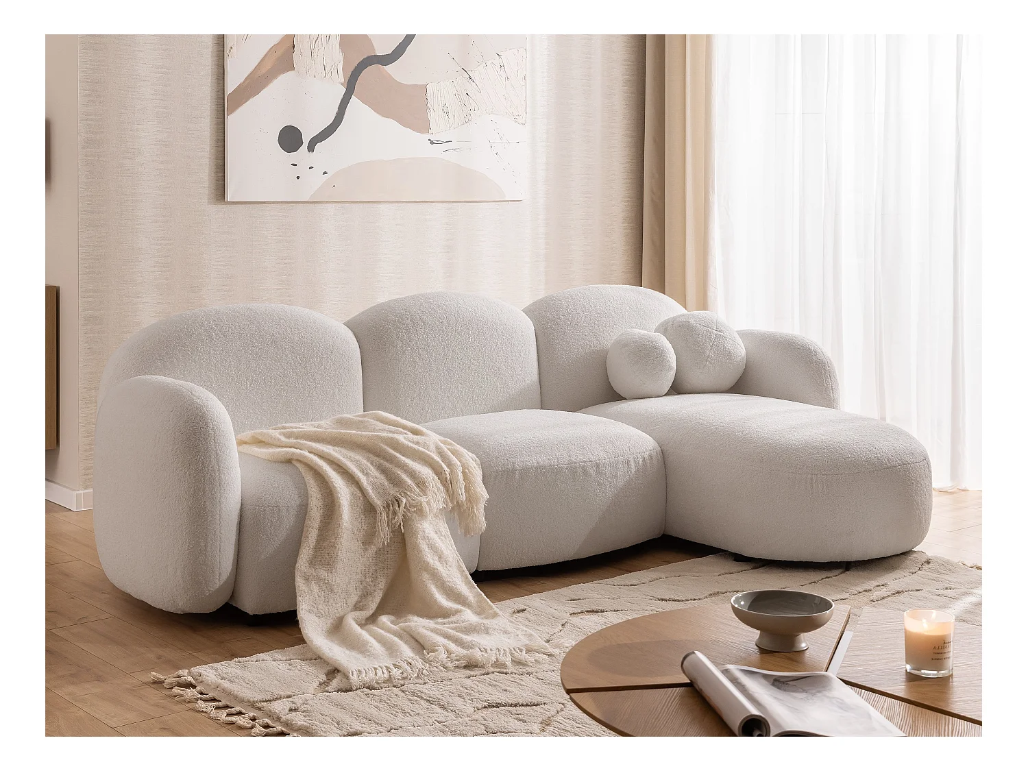 Nuvola - Moderne Ecksofa L-Form aus Weiß Bouclé-Stoff mit abgerundetem Design und hohem Sitzkomfort