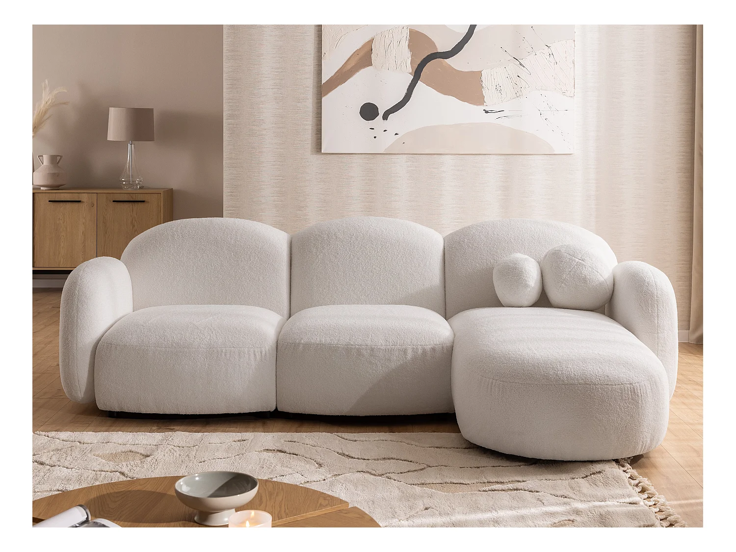 Nuvola - Moderne Ecksofa L-Form aus Weiß Bouclé-Stoff mit abgerundetem Design und hohem Sitzkomfort